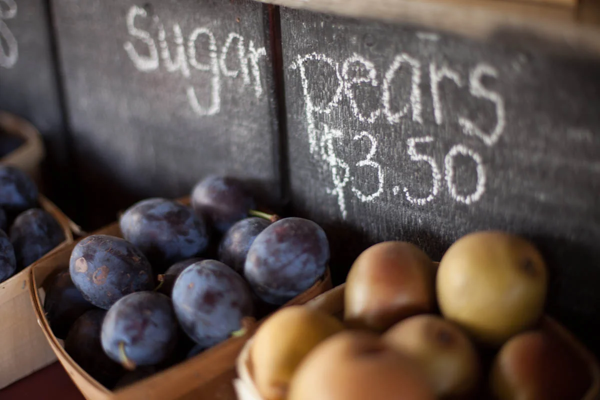 Basket of late summer plums and apples at a market with a chalkboard sign indicating Price of $3.50 for the fruit.