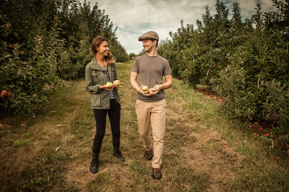Two people walking and holding apples in an orchard during daytime.