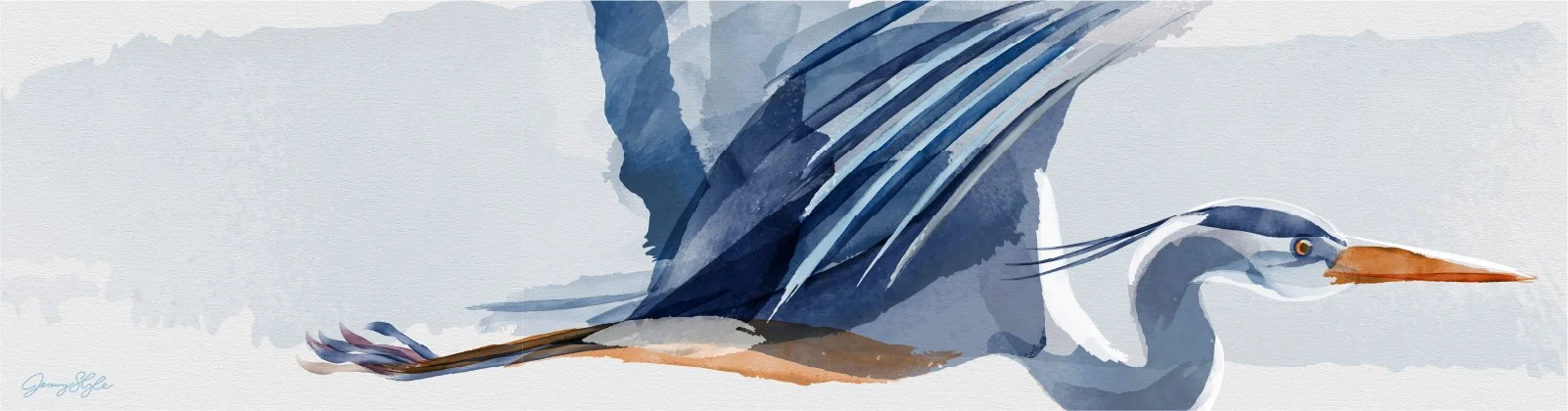 Watercolor painting of a heron with its wings spread wide, standing against a light background.