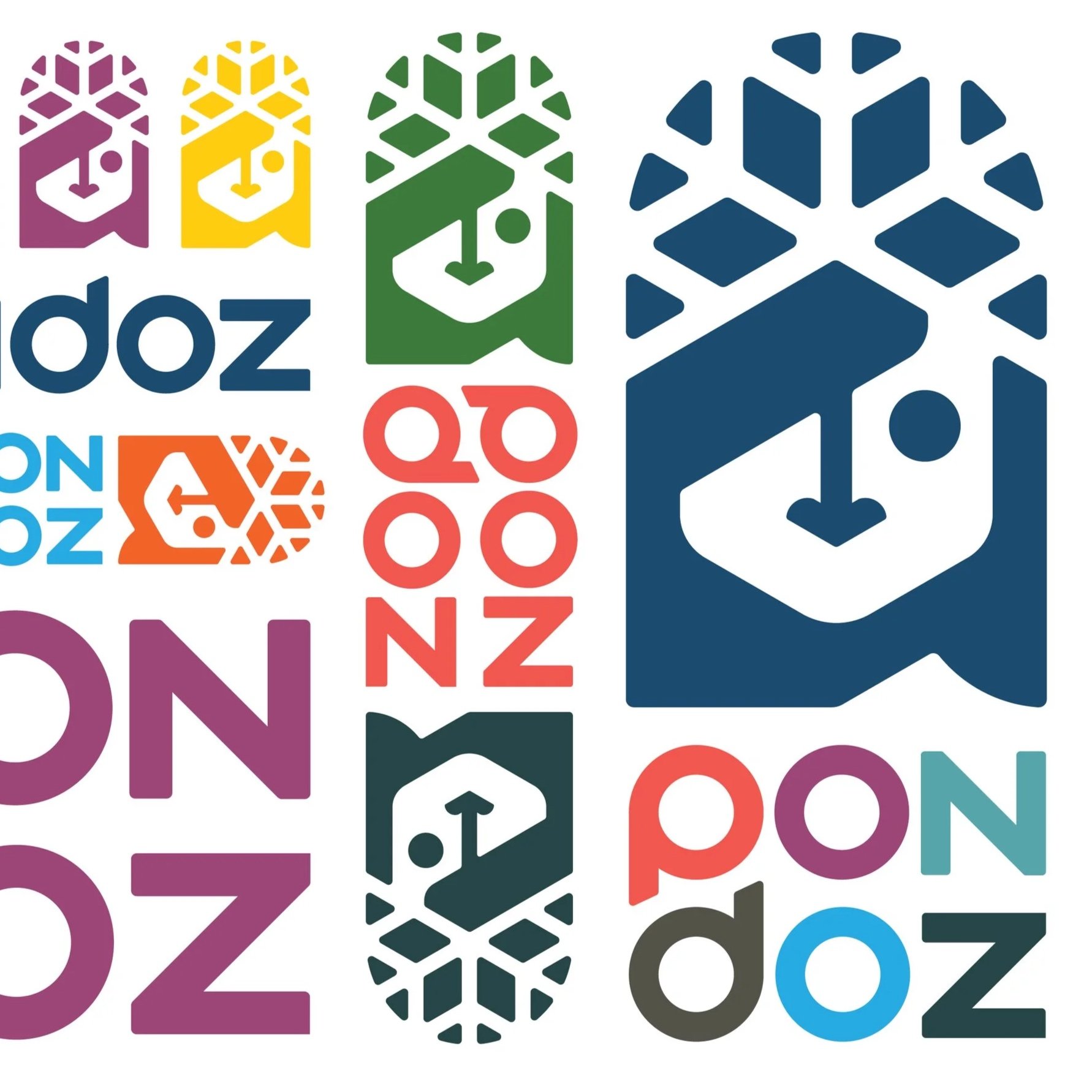 Colorful icons of snowflakes and a hand holding a snowflake, with the words 'doz' and 'on' scattered around in various colors and sizes.