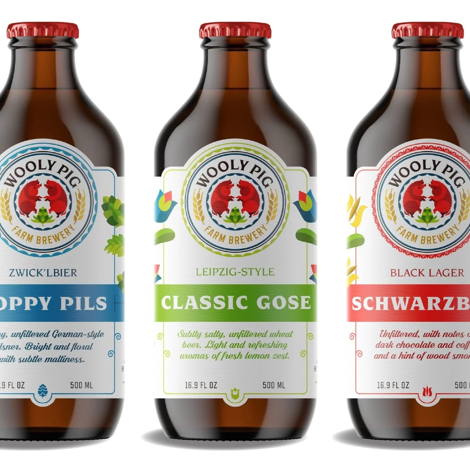 Three bottles of Wooly Pig Farm Brewery craft beer with labels: Hoppy Pils, Classic Gose, and Schwarzbier, each with distinct colors and descriptions.