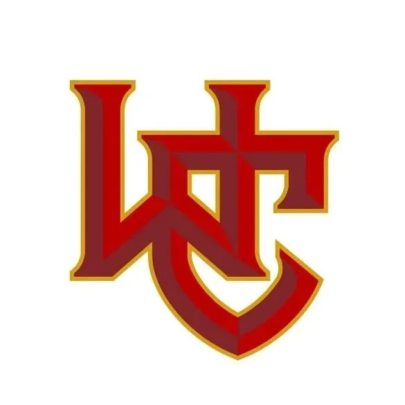 A stylized logo with a red and gold outline.