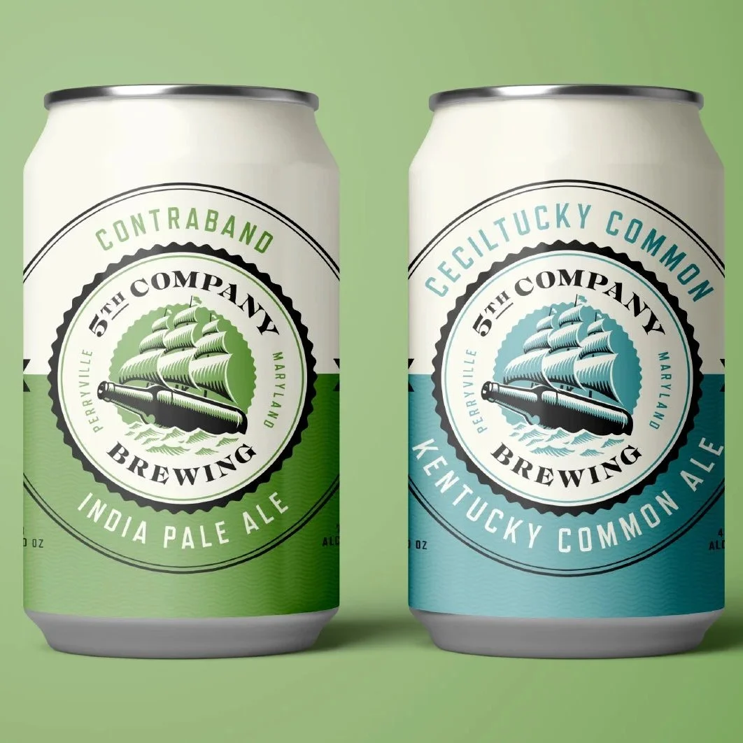 Two cans of brewing beer with a ship logo, one labeled "Contraband India Pale Ale" in green and the other labeled "Sicilucky Common Kentucky Common Ale" in blue, against a green background.