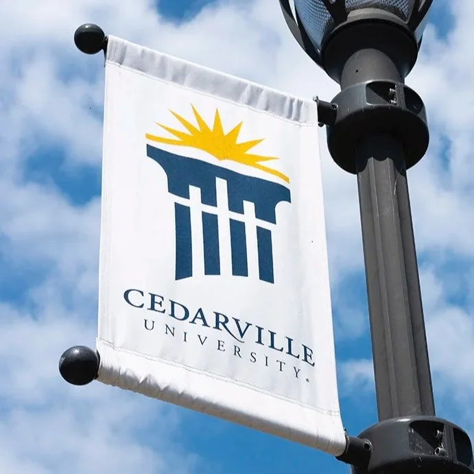 Cedarville University banner hanging from a black lamp post against a partly cloudy sky.