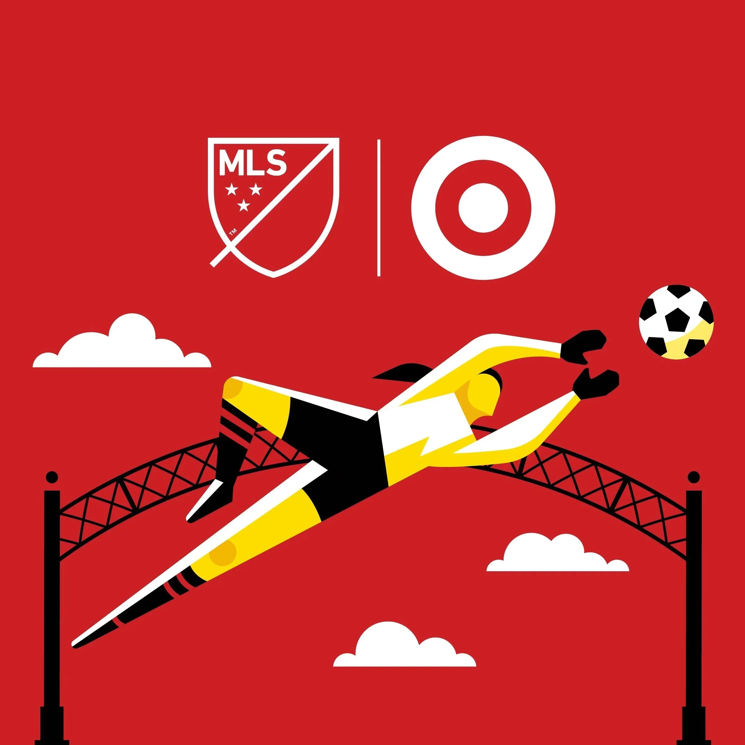 Illustration of a yellow and black soccer shoe kicking a soccer ball over a soccer goal with clouds in the background and the MLS logo on a red background.