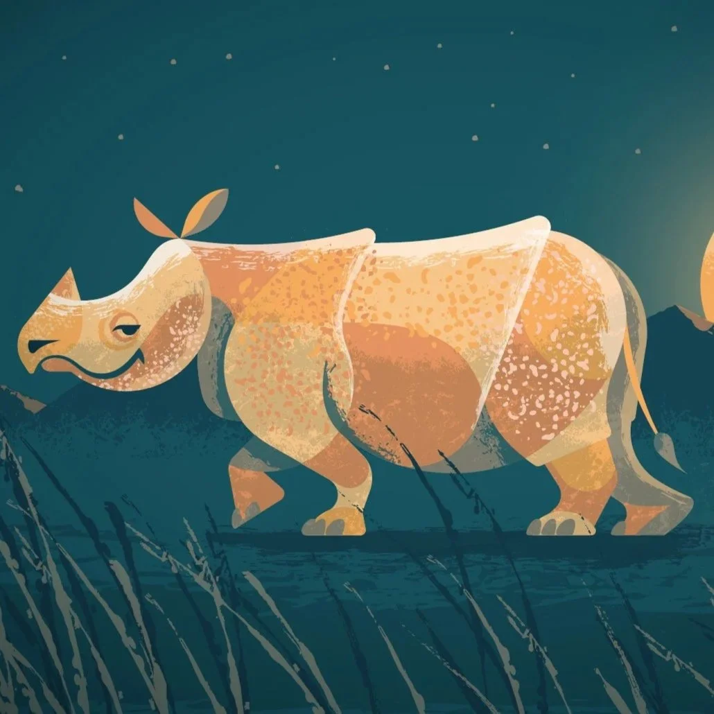 Illustration of a cartoon rhinoceros with a smiling face, standing among tall grass under a night sky with stars.