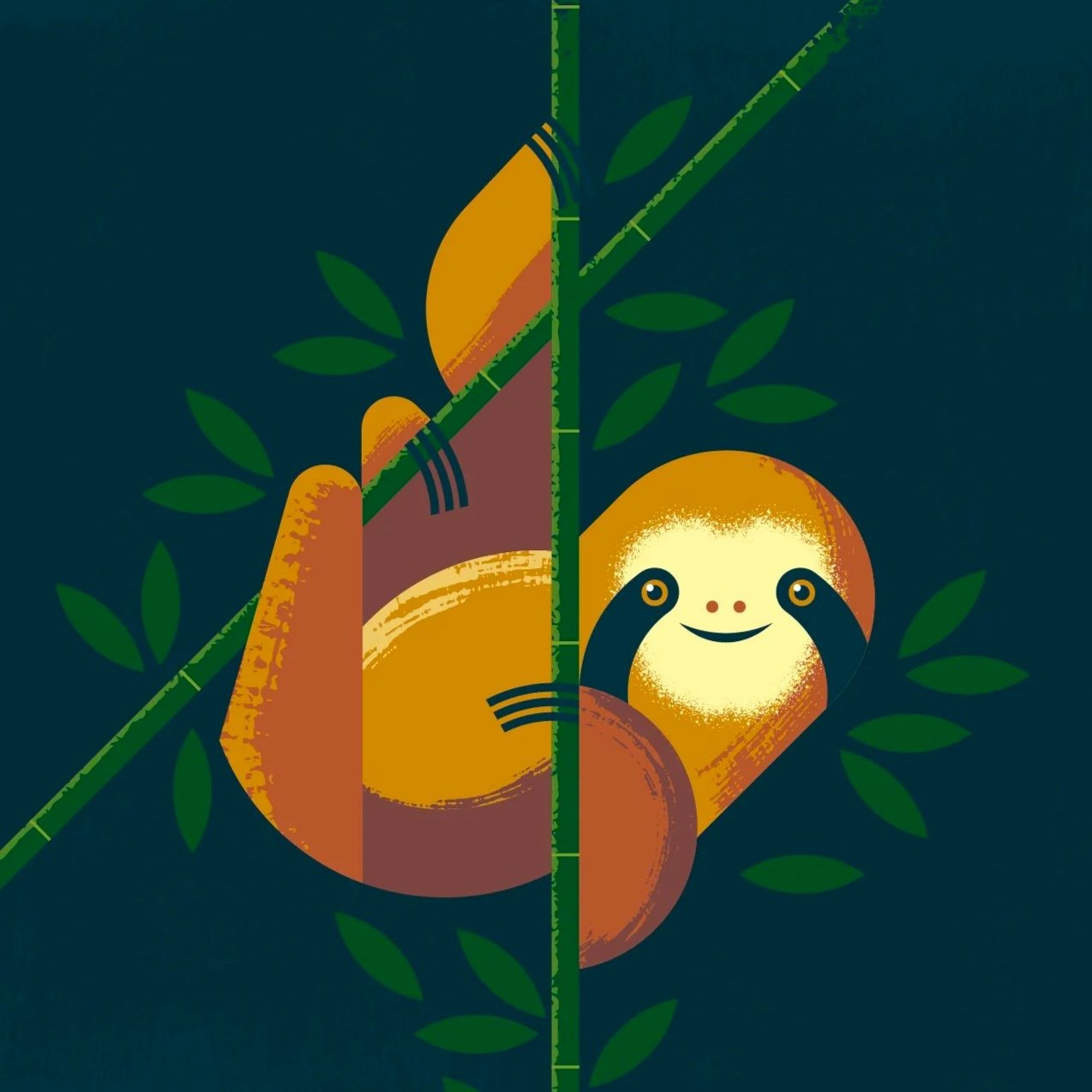 Animated illustration of a cute, smiling sloth hanging on a tree branch surrounded by green leaves.