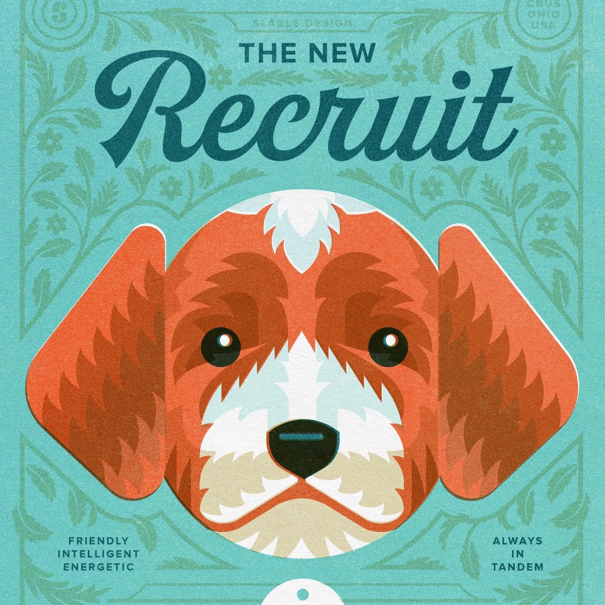 Close-up of a colorful illustration featuring a fox's face at the bottom with text that reads 'The New Rewild' and additional descriptors like 'Friendly', 'Intelligent', 'Energetic' on the left side, and 'Always in Tandem' on the right side. The back