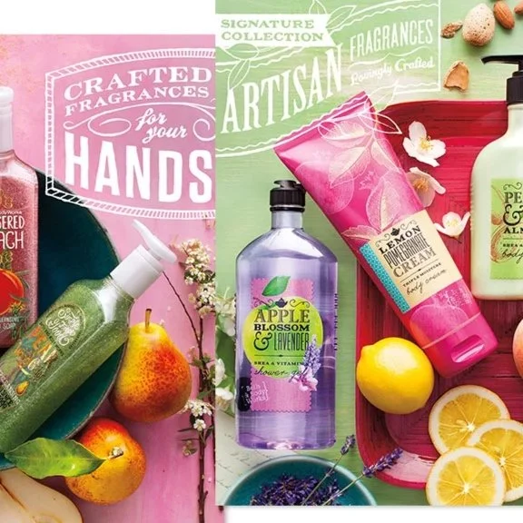 Handmade bath and body products including apple blossom and lavender body lotion, lemon foam cream, a green pump bottle, and fresh lemons, arranged with pears, flowers, and lavender on pink and green backgrounds.