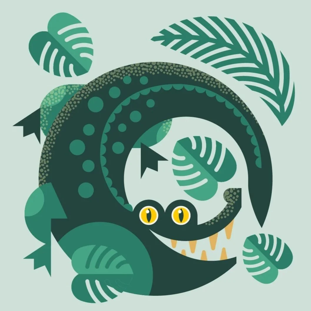 Illustration of a stylized black chameleon with yellow eyes, surrounded by large green tropical leaves.