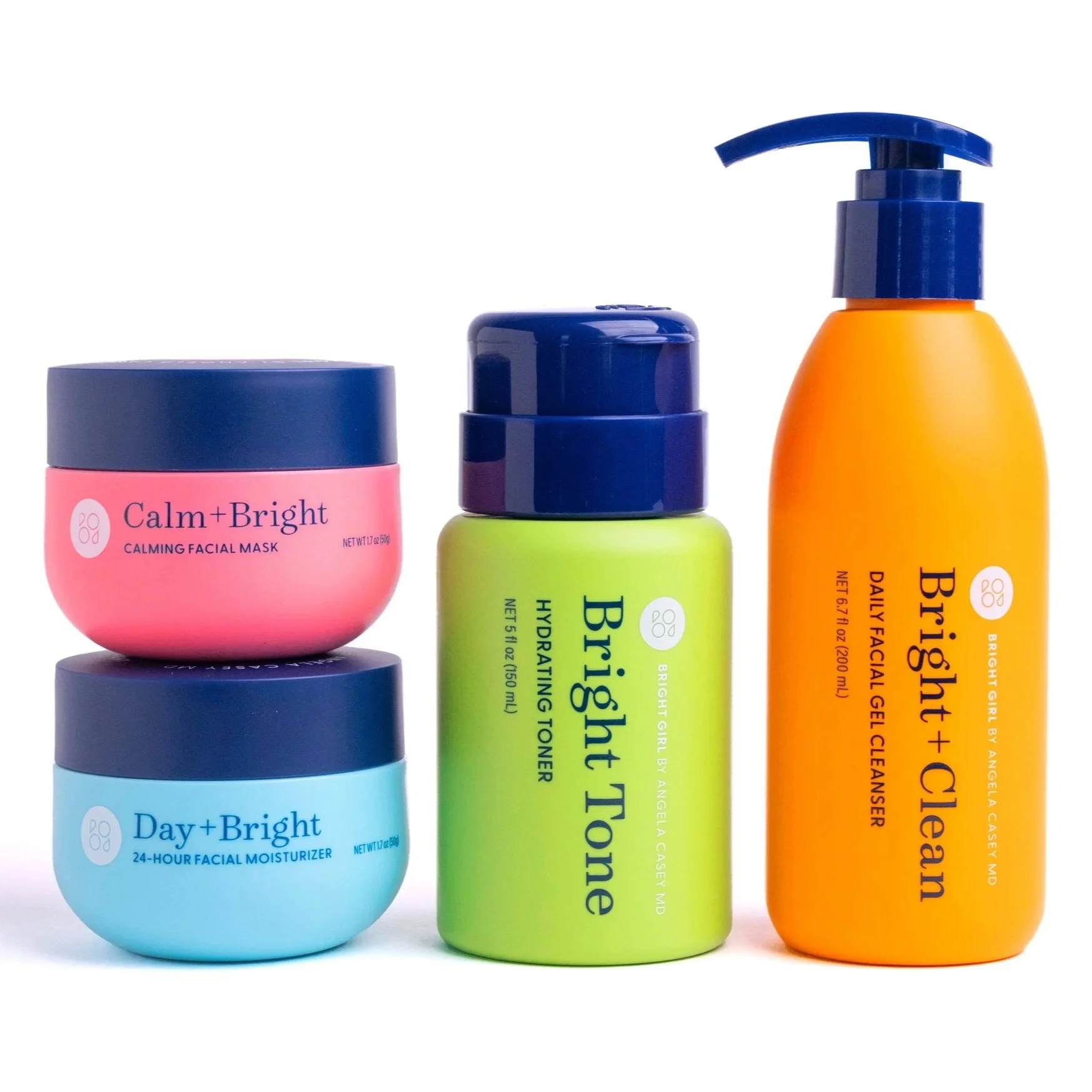 Collection of skincare products including a pink jar labeled 'Calm + Bright', a yellow bottle labeled 'Hydrating Toner', and an orange bottle labeled 'Daily Facial Gel Cleanser' arranged against a white background.