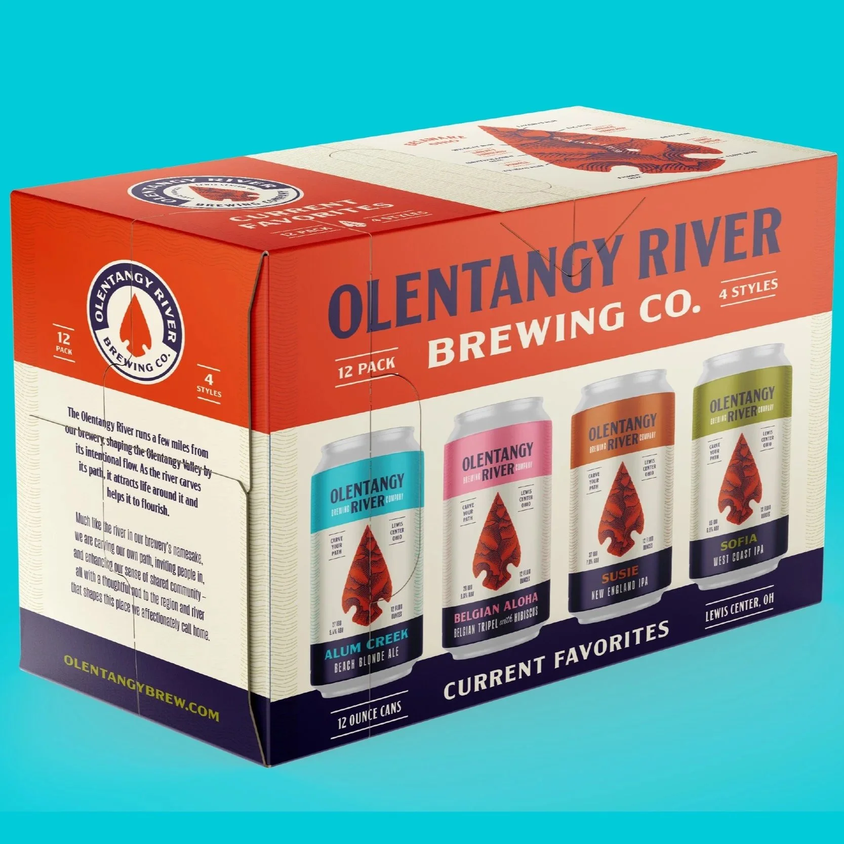A 12-pack of Olentangy River Brewing Co. craft beers featuring four different styles, including Sussex, Sofia, Belgian Aloha, and Alum Creek, in 12-ounce cans.