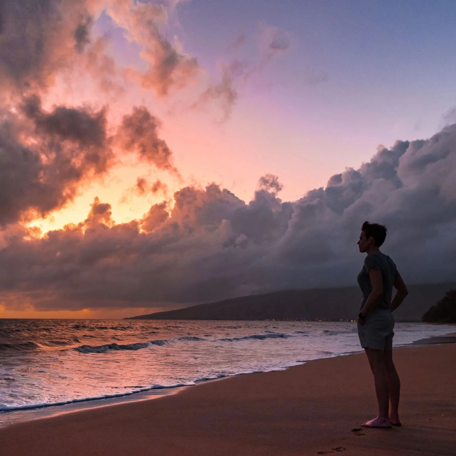 A woman stands on the beach at sunset, looking out at the ocean with dark clouds above and a colorful sky