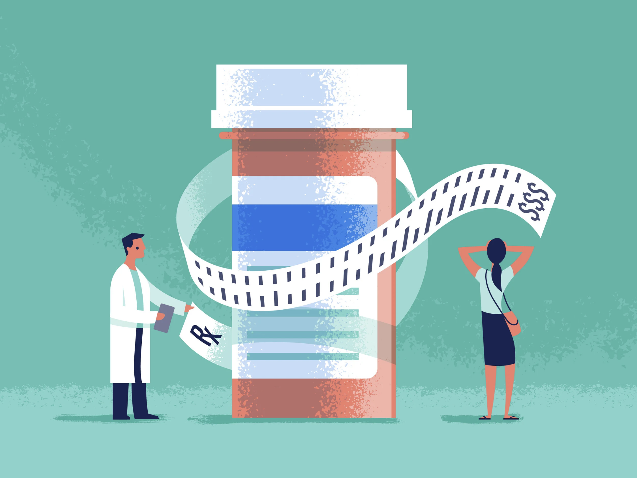 Illustration of a large pill bottle with a film strip wrapped around it, two people awaiting vaccination.