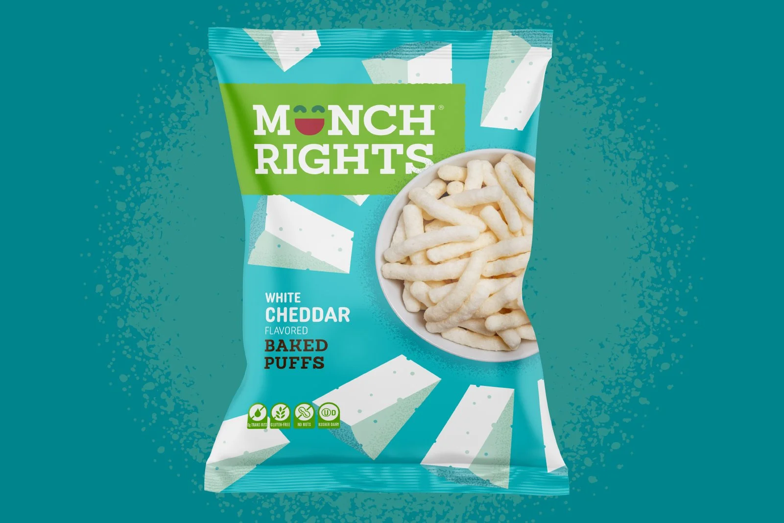 Bag of munch rights white cheddar flavored baked puffs with a bowl of puff snacks on it.