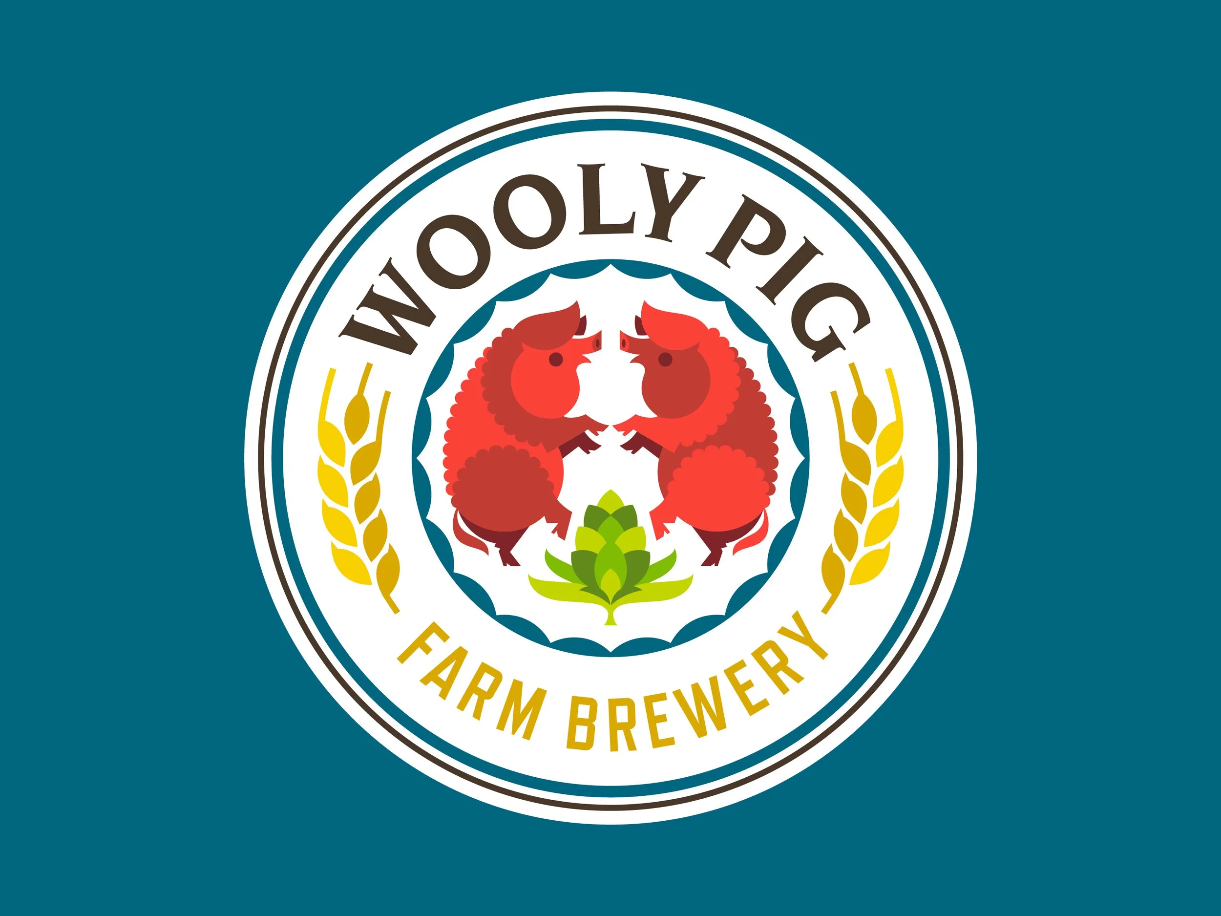 Logo of Wooly Pig Farm Brewery featuring two red boars facing each other with hops at the bottom, surrounded by wheat and the words 'Wooly Pig Farm Brewery'.