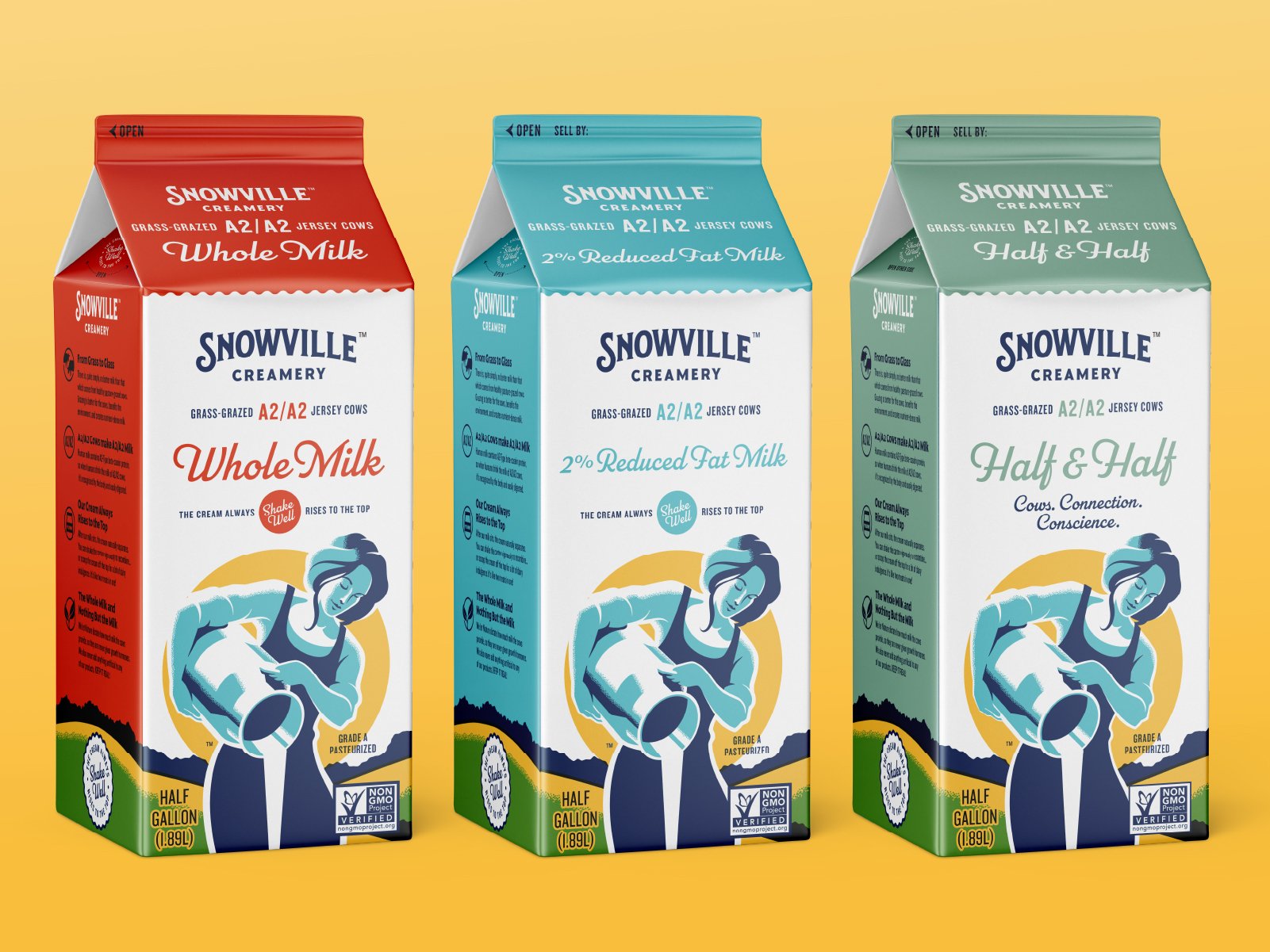 Three cartons of Snowville creamery milk in different varieties: Whole Milk, Reduced Fat Milk, and Half & Half, on a yellow background.