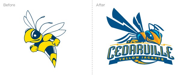 Comparison of a cartoon bee mascot before and after redesign with the logo for the Cedarville Yellow Jackets featuring a stylized bee and bold text.