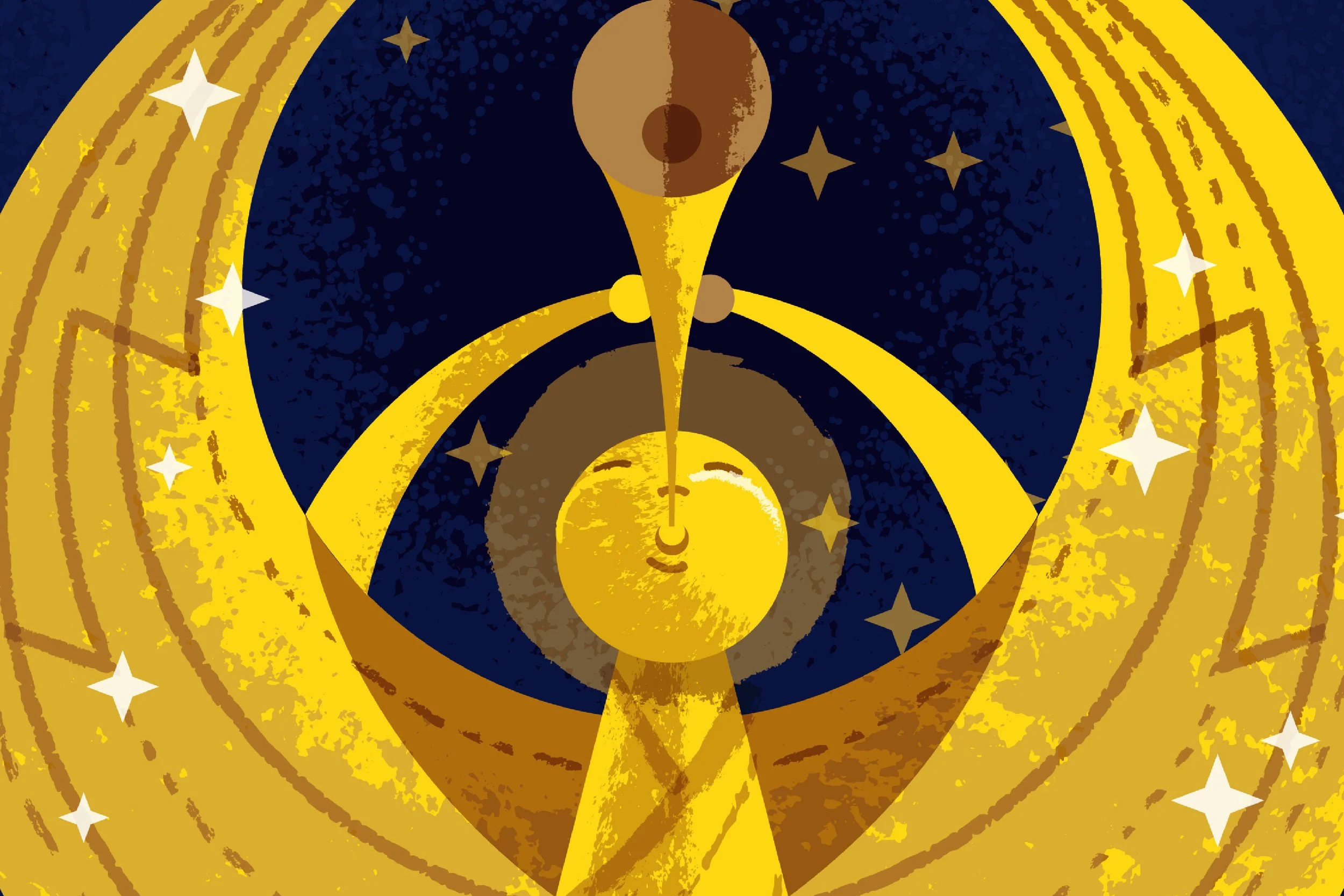 Stylized illustration of a golden celestial scene featuring a central figure resembling a planet with a face, surrounded by stars, circular bands, and cosmic elements against a dark blue background.