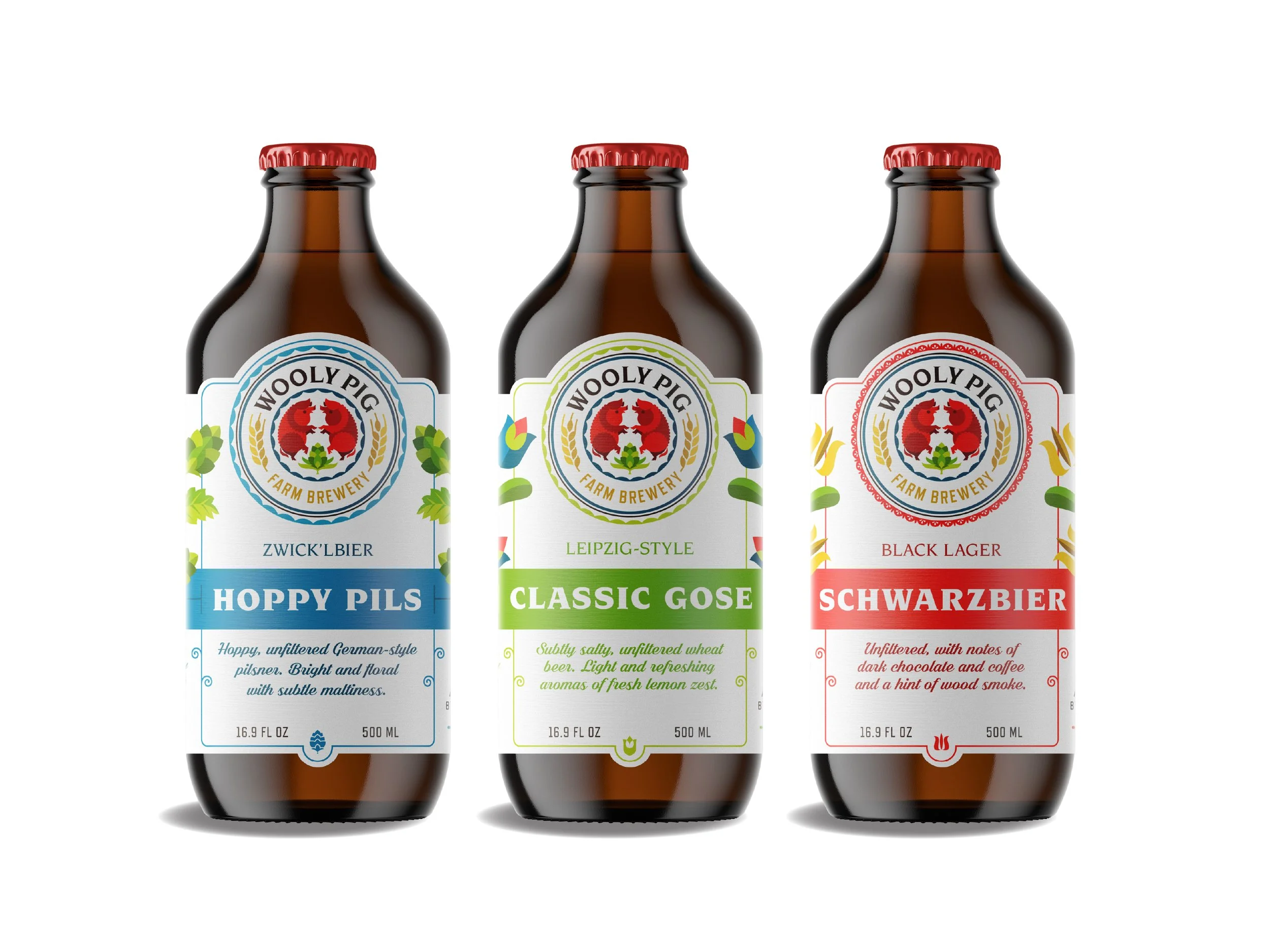 Three bottles of Wooly Pig Farm Brewery craft beer with different labels: Hoppy Pils, Classic Gose, and Schwarzbier, arranged side by side against a white background.