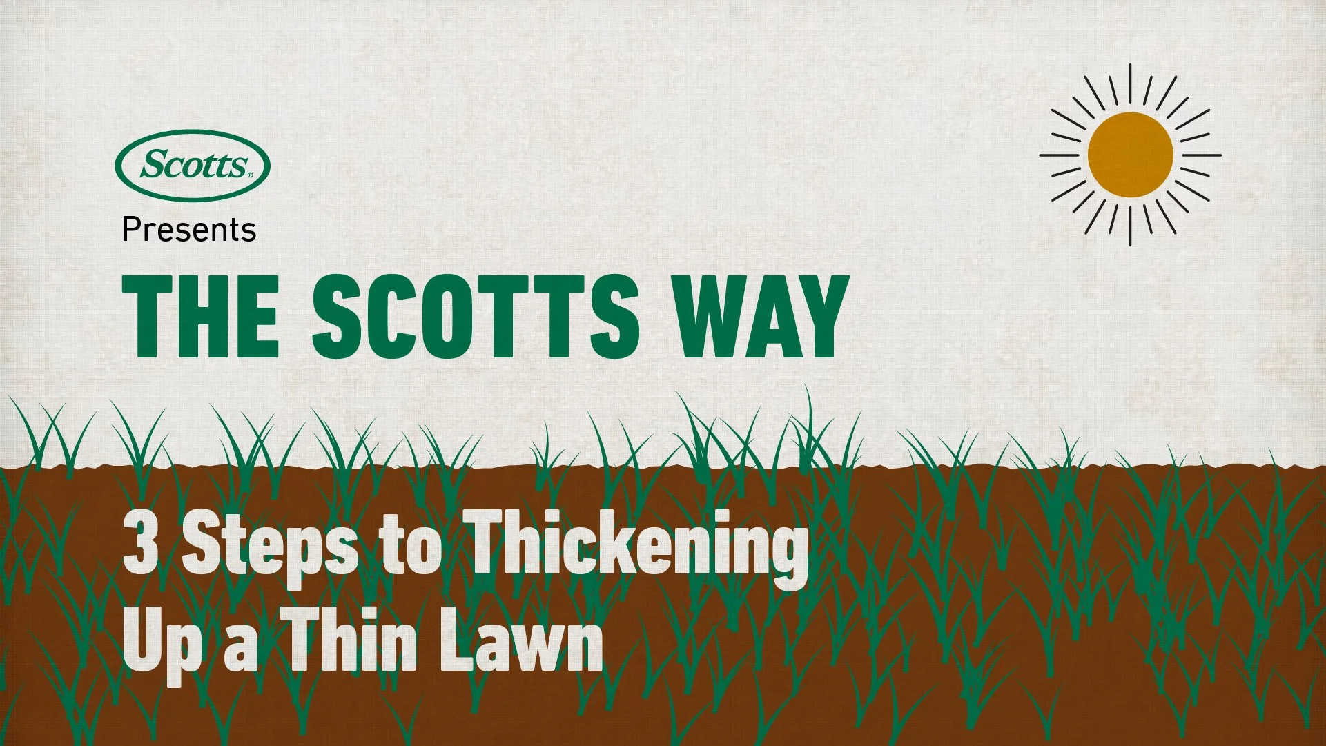 A promotional graphic titled 'The Scotts Way' with a sun icon and a grassy field section. It includes the text '3 Steps to Thicken Up a Thin Lawn' and provides steps for lawn thickening.
