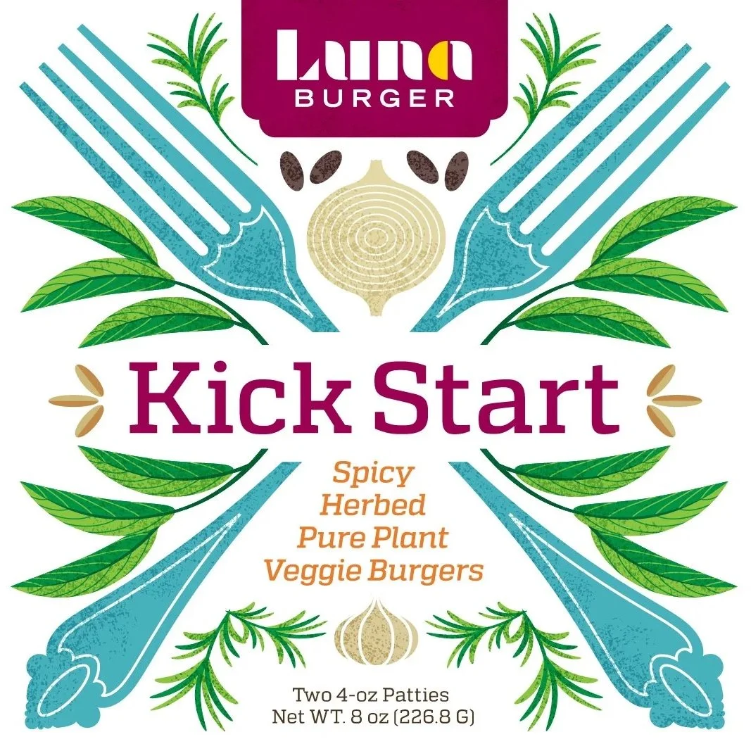 Vegetarian burger packaging label with the brand name 'Landa Burger', featuring an illustration of forks, garlic, herbs, and coffee beans. The label promotes a spicy herbed veggie burger called 'Kick Start', with a description emphasizing it's pure plant and spicy. Contains two four-ounce patties, total 8 ounces.