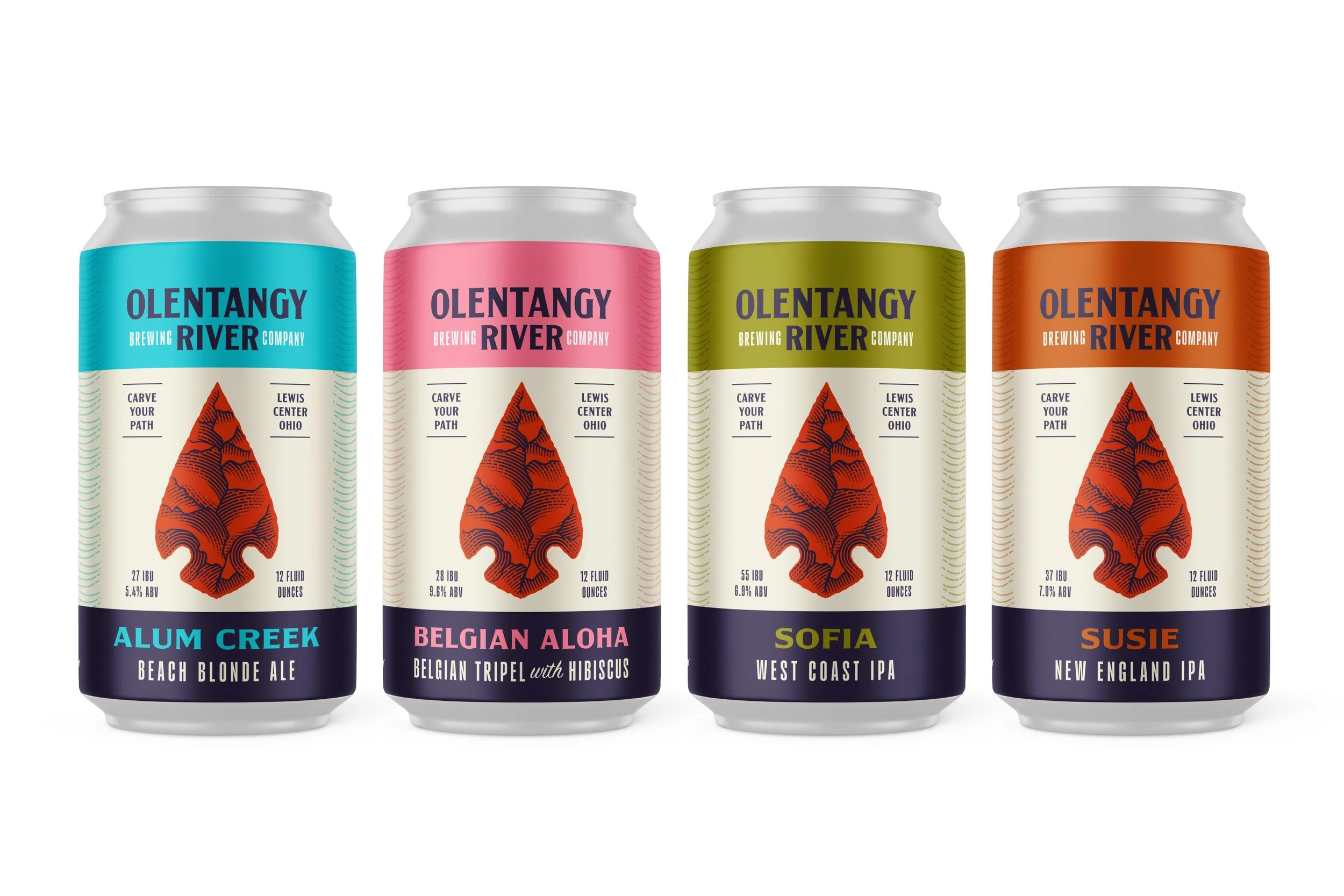 Four cans of craft beer from Olentangy River Brewing Company, each with colorful labels featuring a mountain illustration and beer details, including names: Alum Creek, Belgian Aloha, Sofia, and Susie.