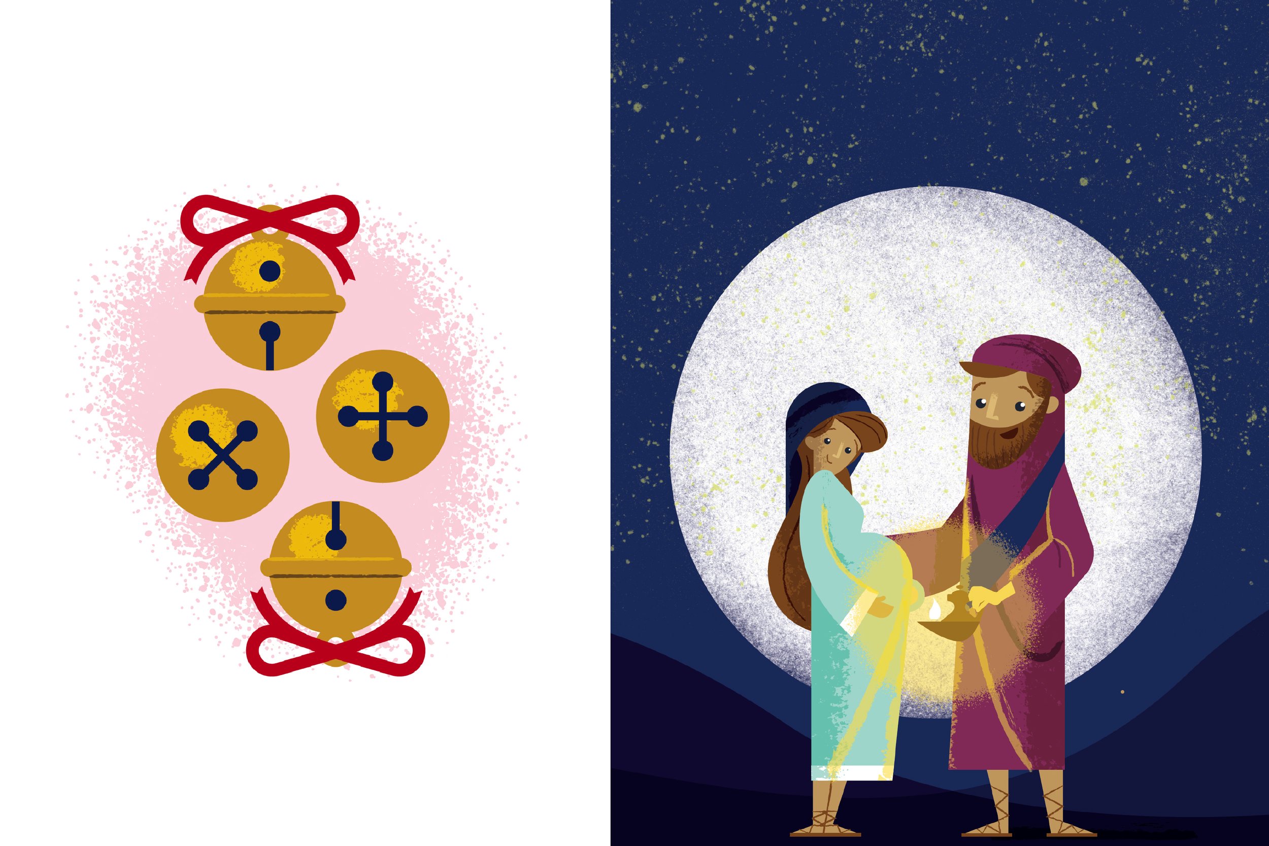 Two sections: Left shows a decorated pink Christmas tree with seven gold bells and red ribbons; right depicts a nativity scene with Mary, Joseph, baby Jesus in a manger, inside a starry night scene.