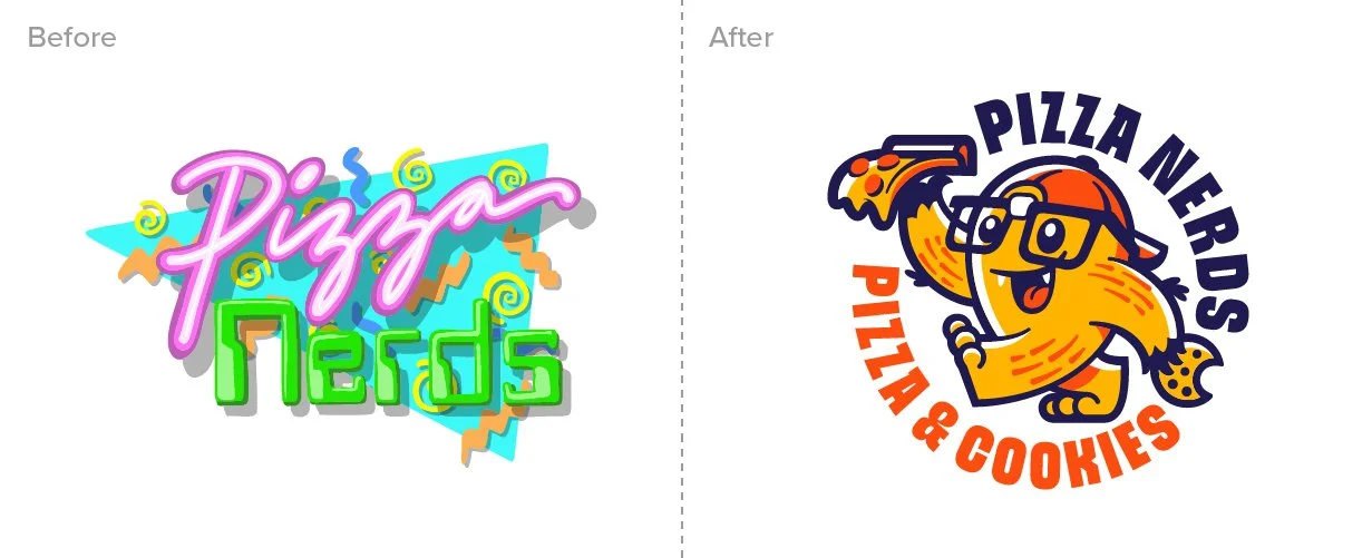 Comparison of two logos, one for pizza needing with colorful neon style and one for pizza nerds with a cartoon lion wearing glasses and holding a slice of pizza.