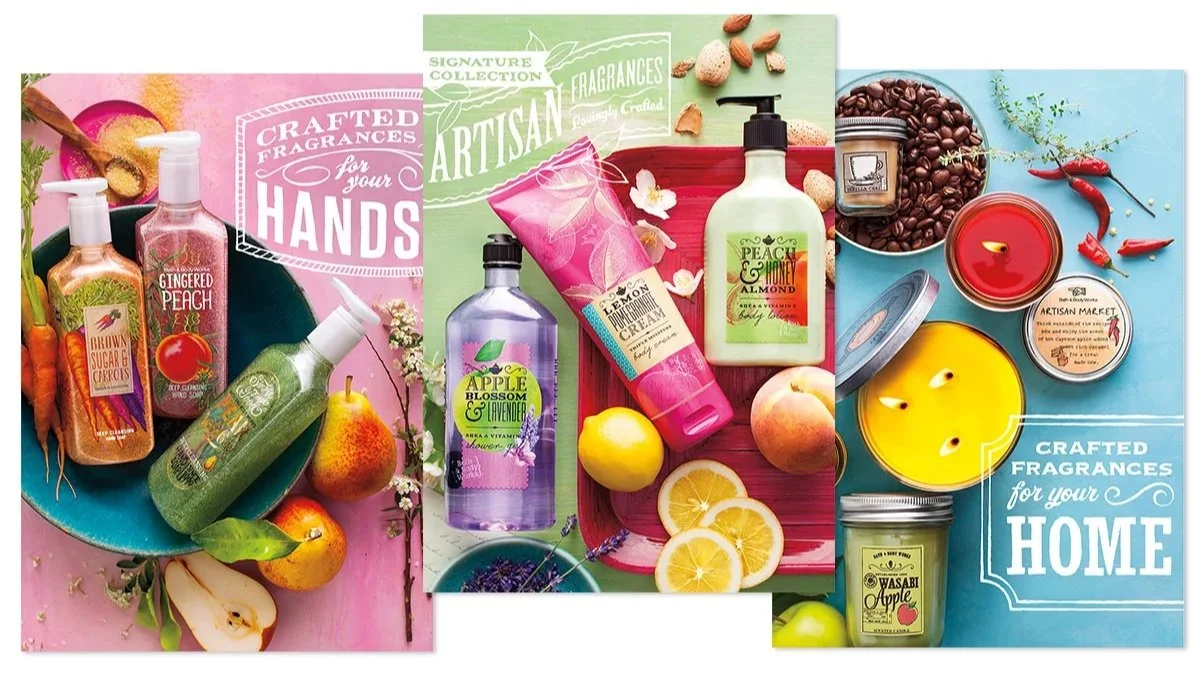 Display of three sections with fruit and fragrant products. The first section features bottles labeled 'Gingered Peach,' 'Brown Sugar & Carrots,' and more, with apples, carrots, and pears. The second section showcases peach and lemon scented lotions, body creams, and fresh fruits like peaches and lemon slices. The third section includes candles, jars, and spices, with red chili peppers, coffee beans, and a label reading 'Crafted Fragrances for your Home.'