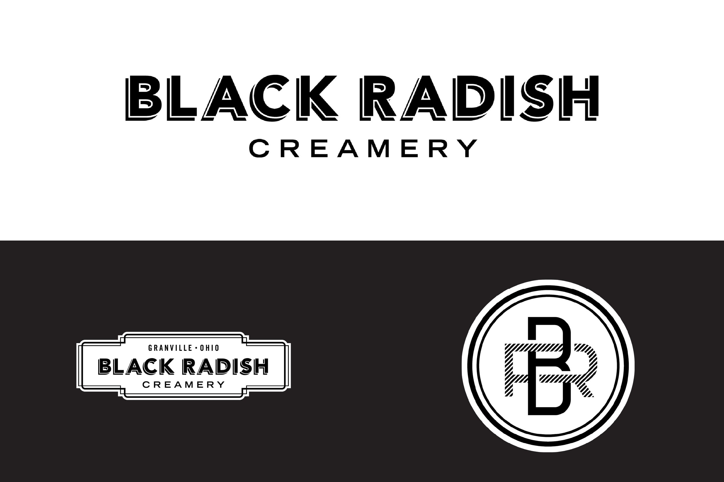 Logo for Black Radish Creamery featuring bold black text on a white background with additional branding elements and a circular emblem.