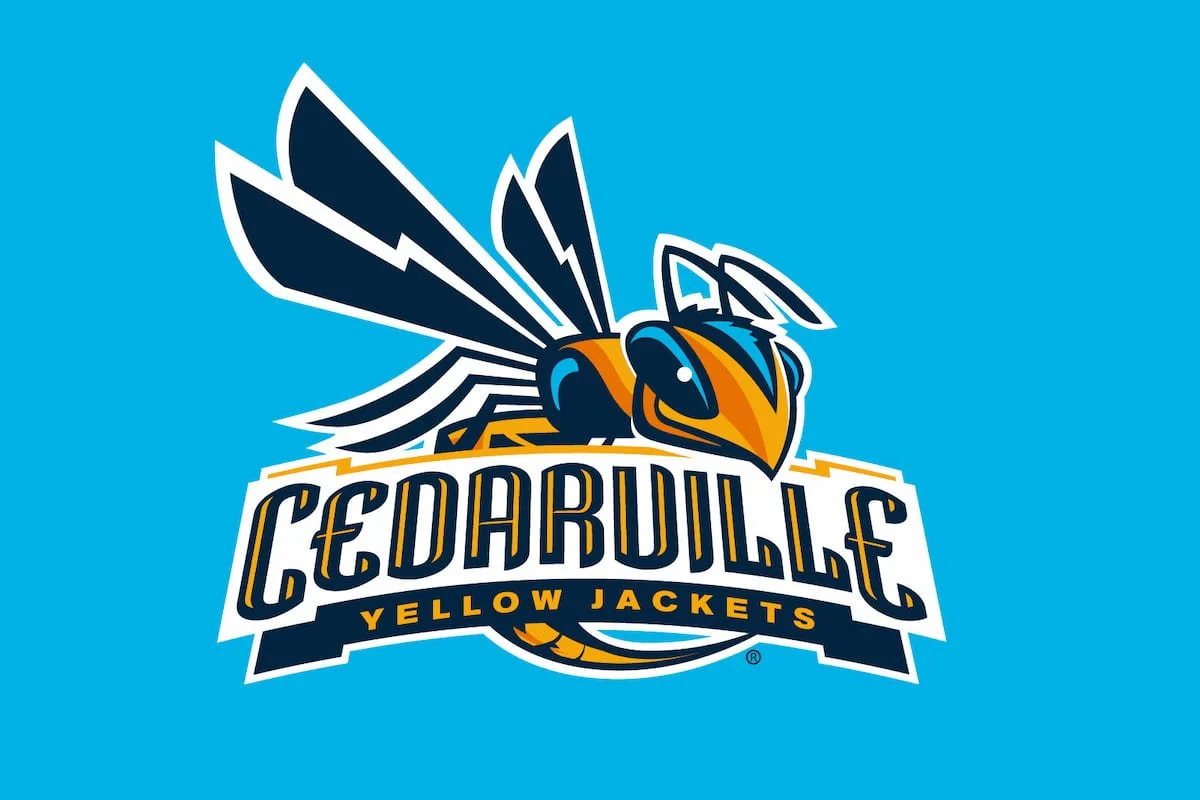 Logo of Cedarville Yellow Jackets featuring a stylized bee with wings and the team name.