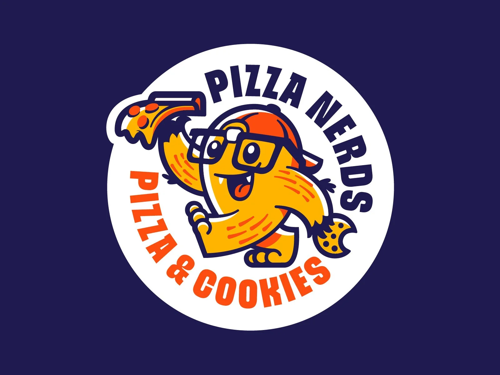 Logo for Pizza Nerds & Cookies featuring a cartoon lion with glasses, a pizza slice tail, and a baseball cap, holding a slice of pizza, set against a navy blue background.