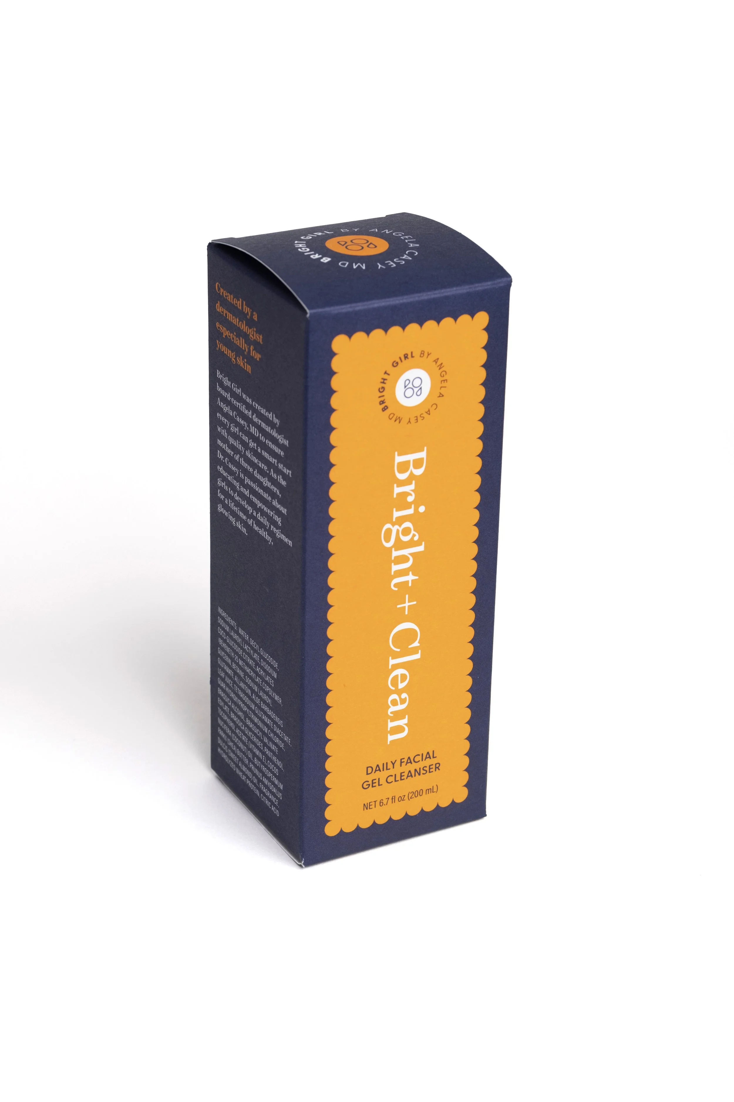 Orange and navy box of Bright Girl daily facial gel cleanser, with text and logo, on a white background.