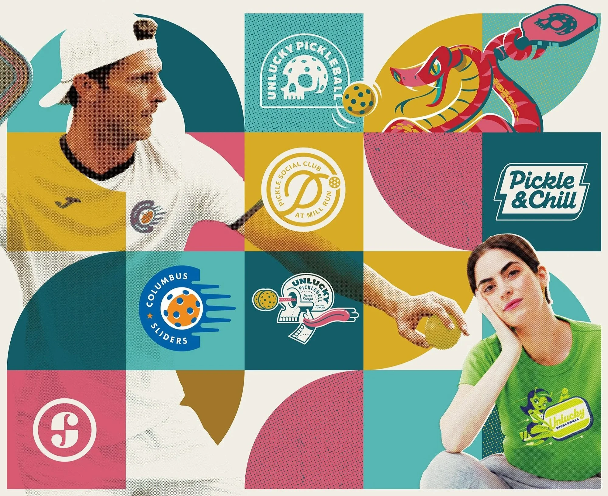 Colorful collage featuring two people, one male and one female, logos, and illustrations related to pickleball. The man is dressed in a white sports shirt and a white cap, holding a pickleball paddle. The woman, in a green t-shirt, is sitting with her head resting on her hand. The collage includes various pickleball-themed graphics and text, such as 'Unlucky Pickleball,' 'Pickle & Chill,' and 'Columbus Sliders,' along with images of pickleball paddles, a snake, a pickleball, and a QR code.