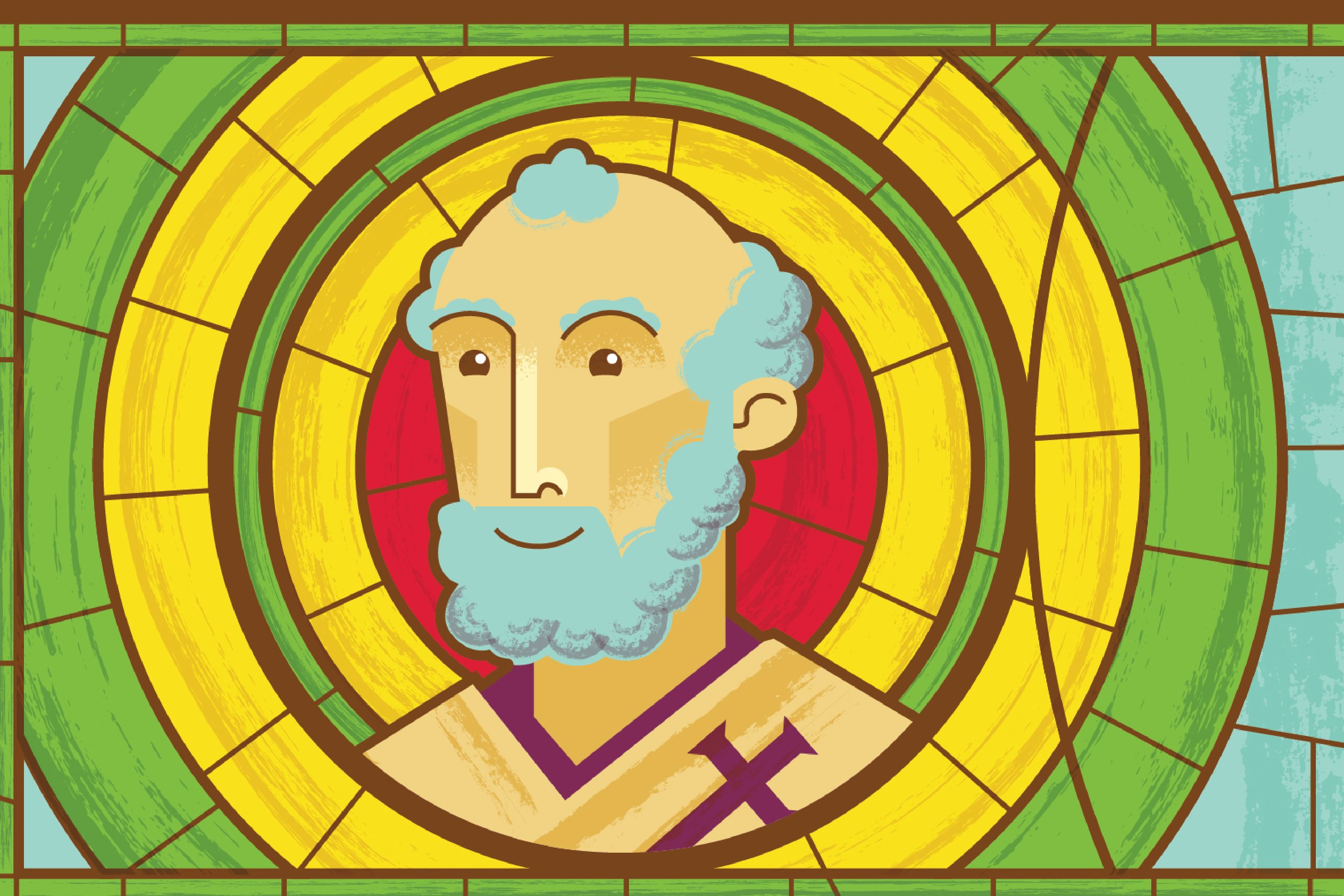 Stained glass depiction of Jesus Christ with a halo, beard, and long hair, surrounded by colorful geometric patterns.