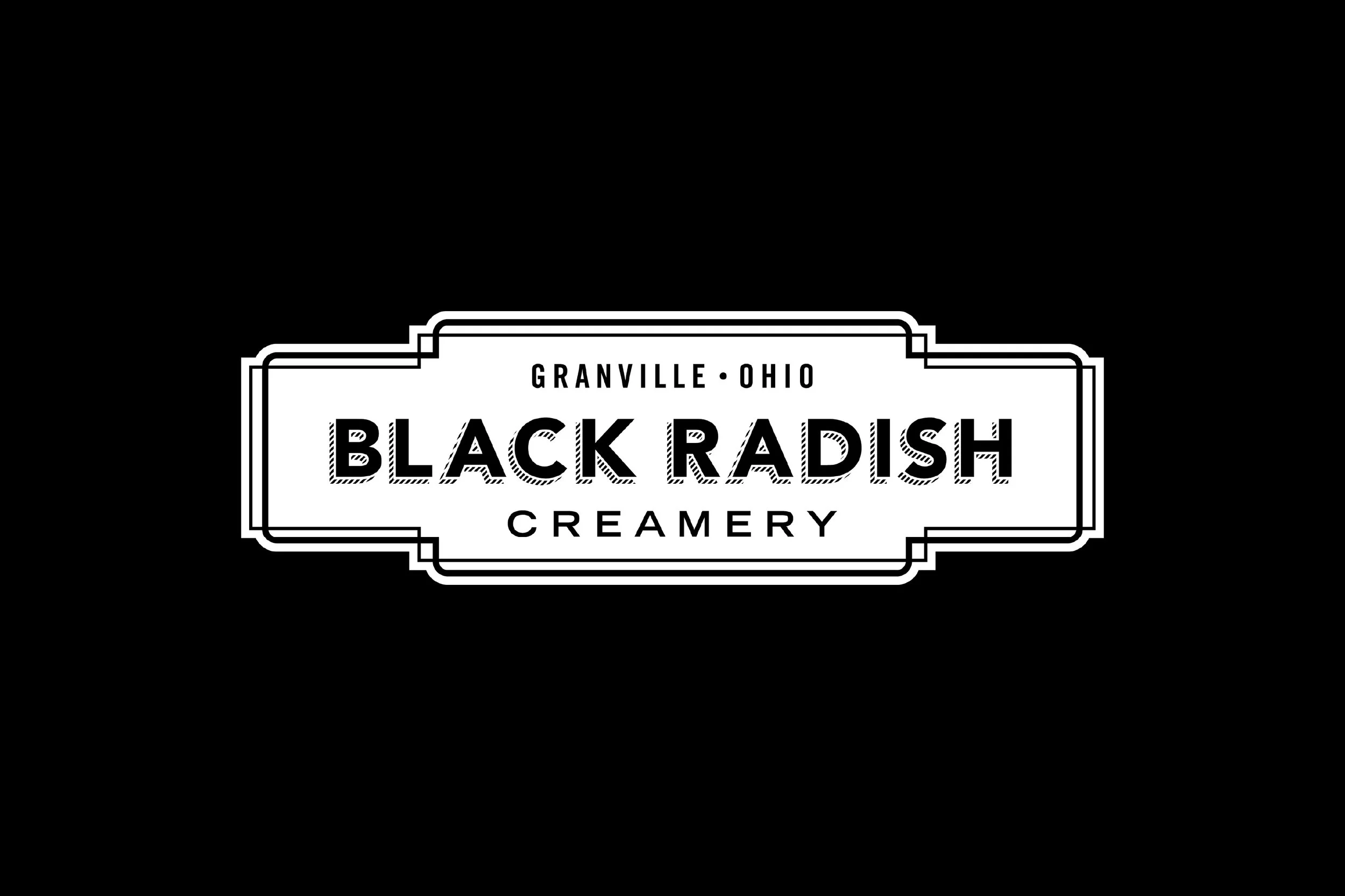 Logo for Black Radish Creamery, a dairy company in Granville, Ohio, with a black background and white text.