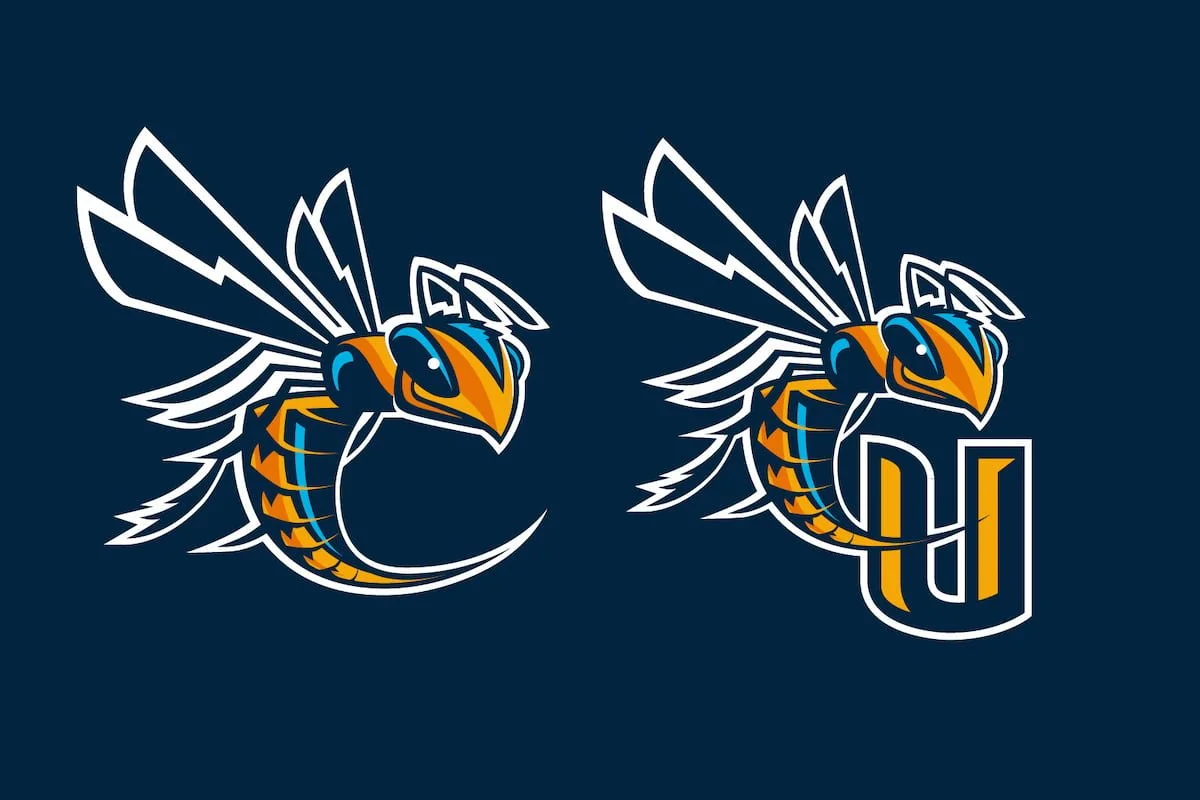 Two stylized images of a bee with angular wings and a segmented orange and black body, one facing left and the other facing right, set against a dark blue background.