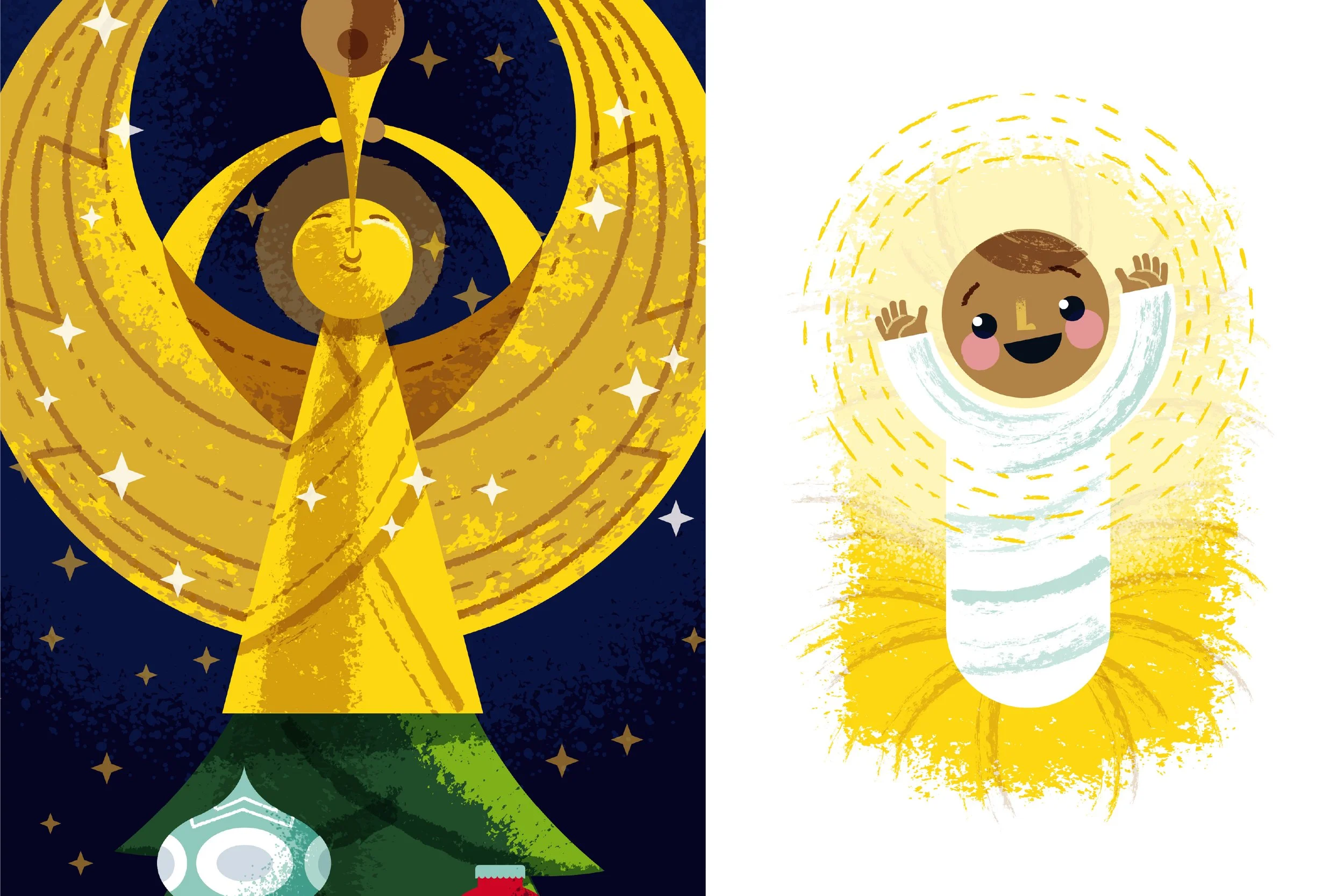 Cartoon illustration of a person with a beard dressed in a green and blue outfit, standing in front of a starry night sky with planets and celestial objects. Next to the person, on the right, is a baby with big eyes and rosy cheeks, smiling and raisi
