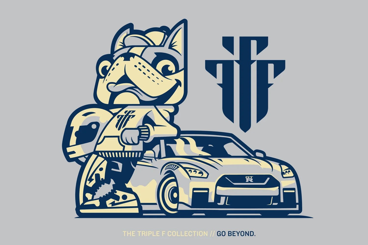 Illustration of a bulldog mascot with sunglasses, wearing a jacket, standing in front of a sports car, with a logo on the right and text at the bottom reading 'The Triple F Collection // Go Beyond.'
