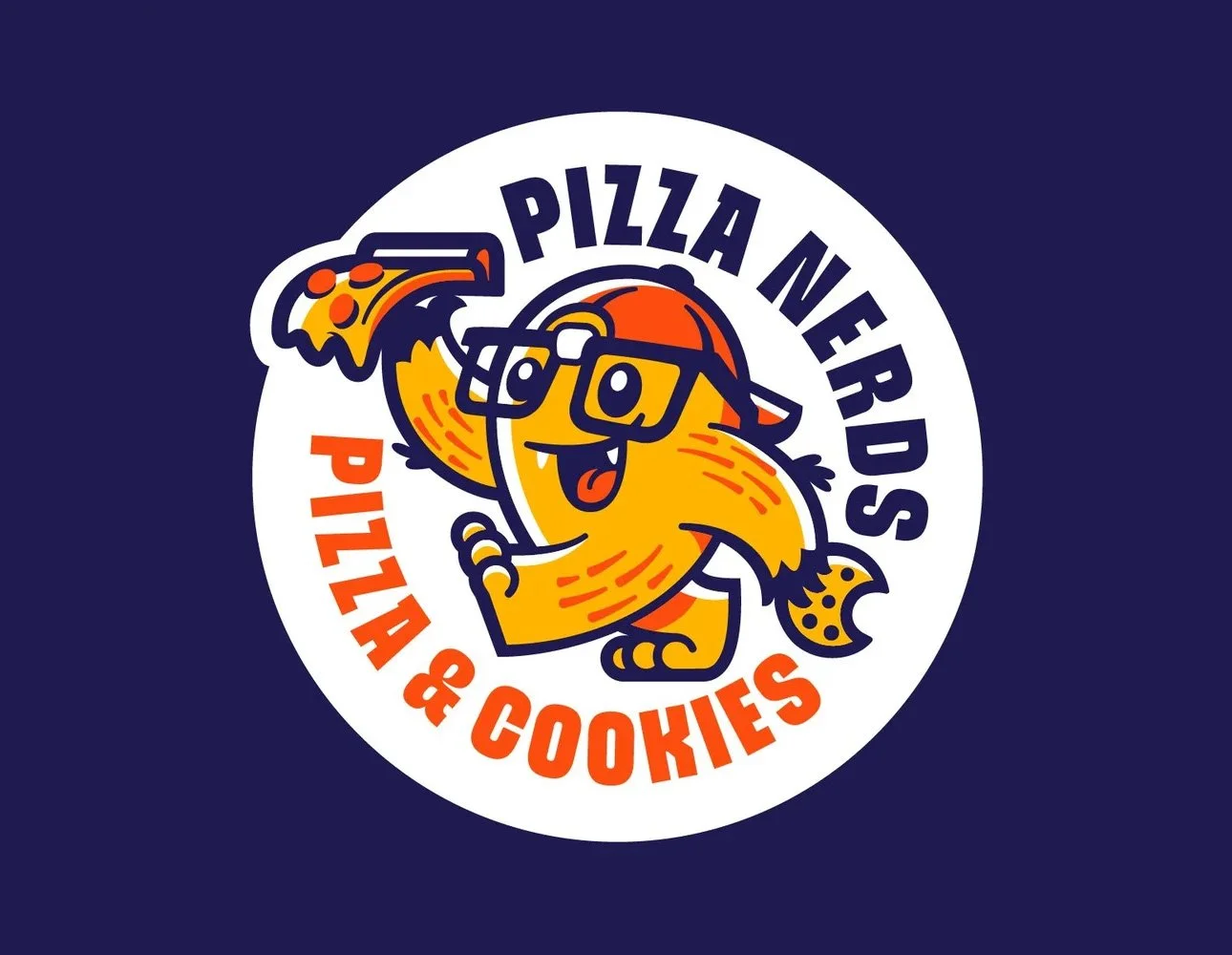 Logo of Pizza Nerds featuring a cartoon pizza slice with glasses, holding a slice of pizza, with text 'Pizza Nerds Pizza & Cookies' in a circular arrangement.