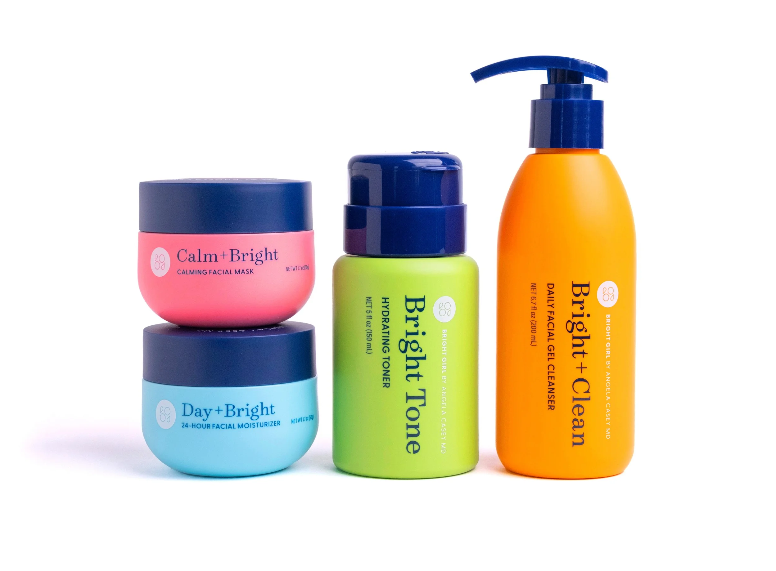 A collection of skincare products, including a pink jar labeled 'Calm + Bright', a light blue jar labeled 'Day + Bright', a lime green bottle, and an orange bottle with a pump, all against a white background.
