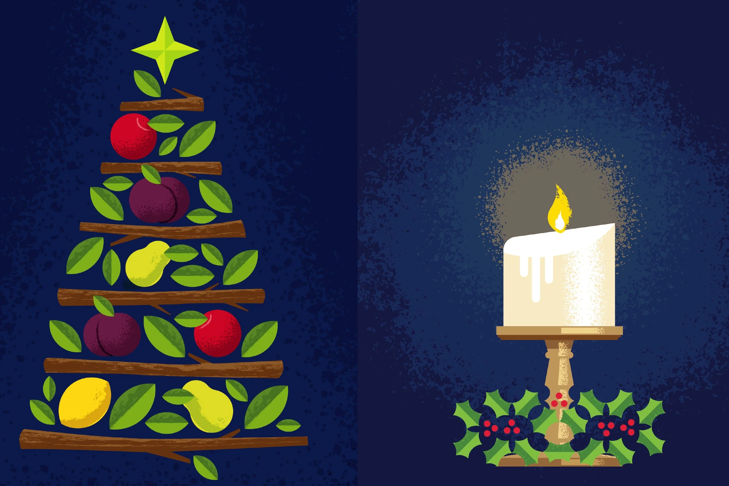 A digital illustration of a Christmas tree made of horizontal wooden sticks, decorated with red, yellow, and purple spherical ornaments, green leaves, and topped with a bright green star. To the right, there is a white candle with a yellow flame on a