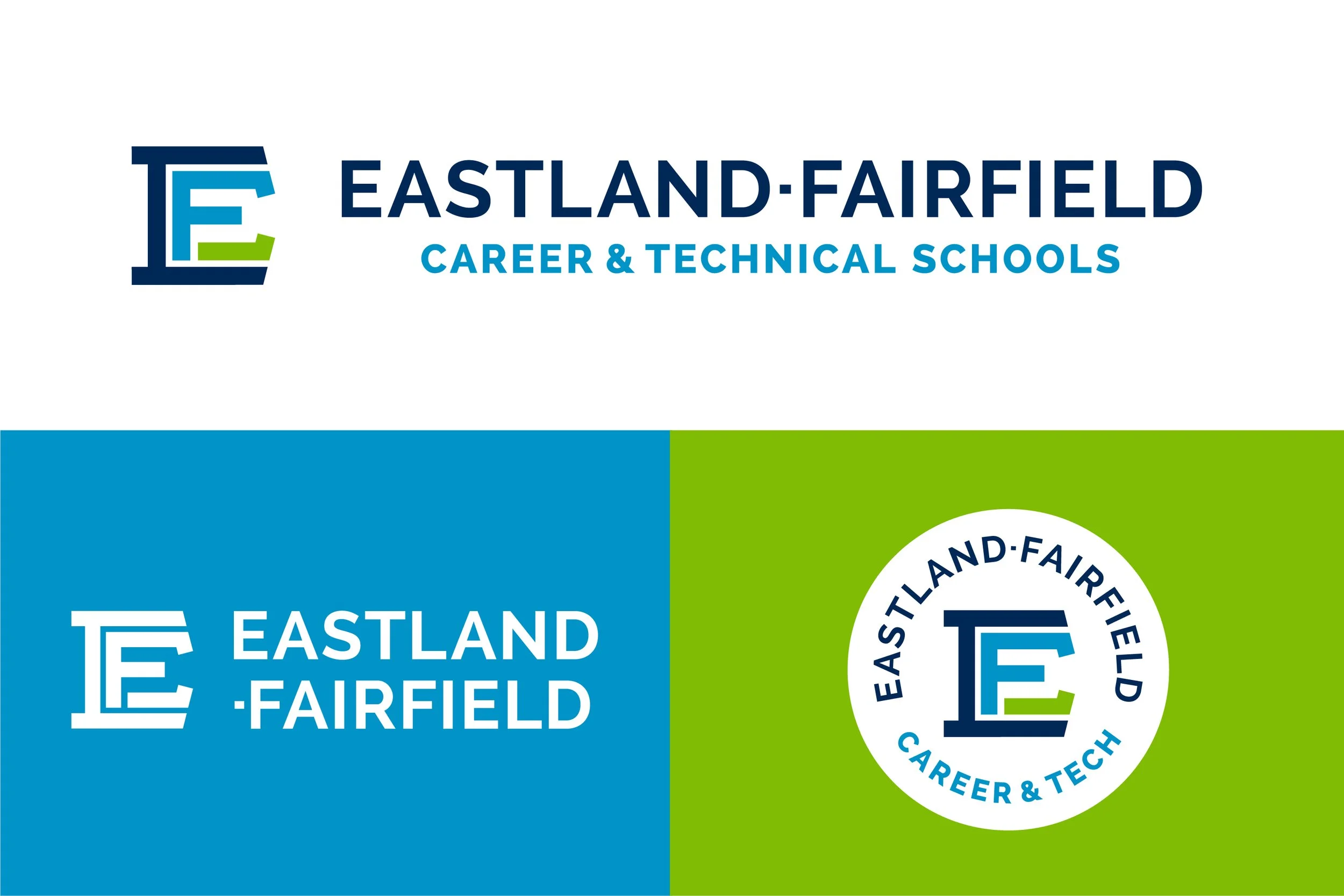 Logo for Eastland-Fairfield Career & Technical Schools with blue, green, and white colors.