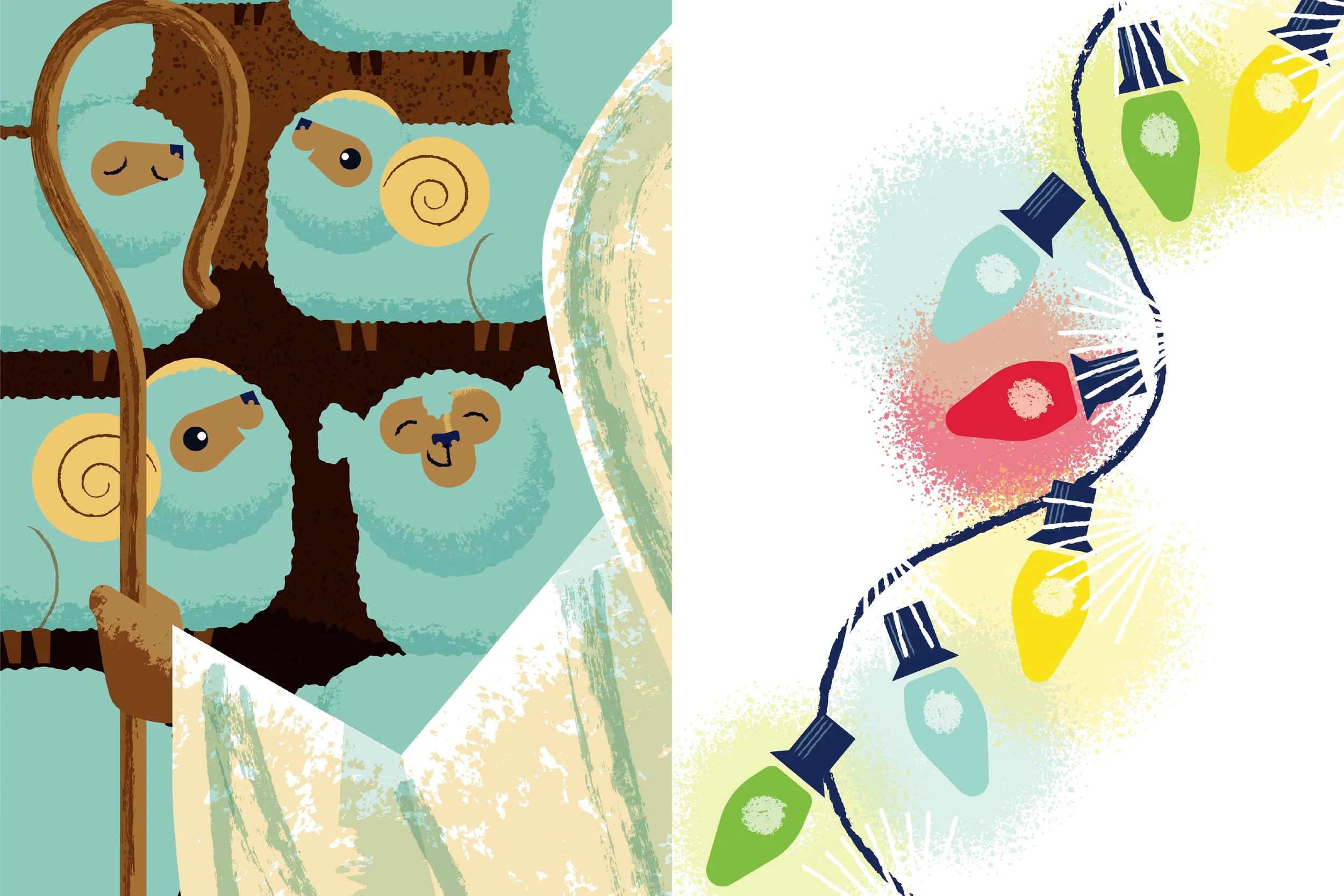 Abstract illustration with animals and colorful objects. On the left side, a stylized monkey with a spiral tail, a snail, a bear, and a tiger head, all in pastel shades. The right side features a string of black lights, with abstract shapes resemblin