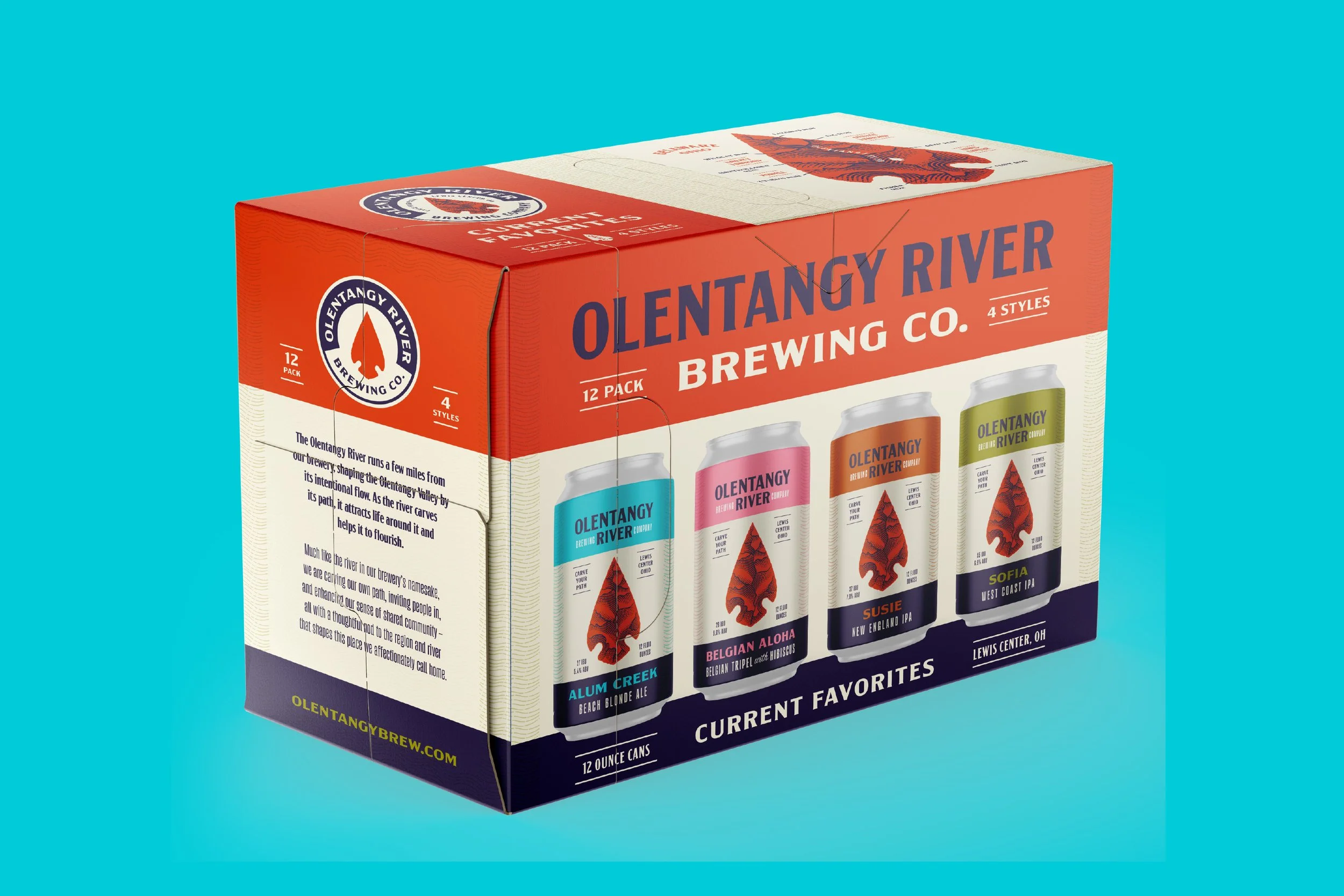 A 12-pack of Olentangy River Brewing Co. craft beer cans with four different styles in colorful packaging, displayed against a bright blue background.