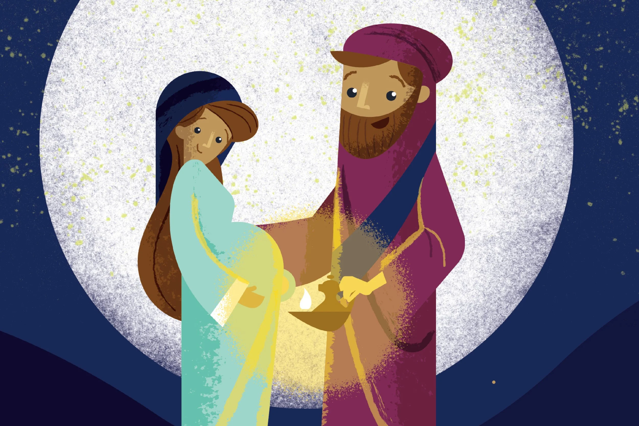 Digital illustration of Mary and Joseph, with baby Jesus in a manger, inside a starry night background and a large bright star behind them.