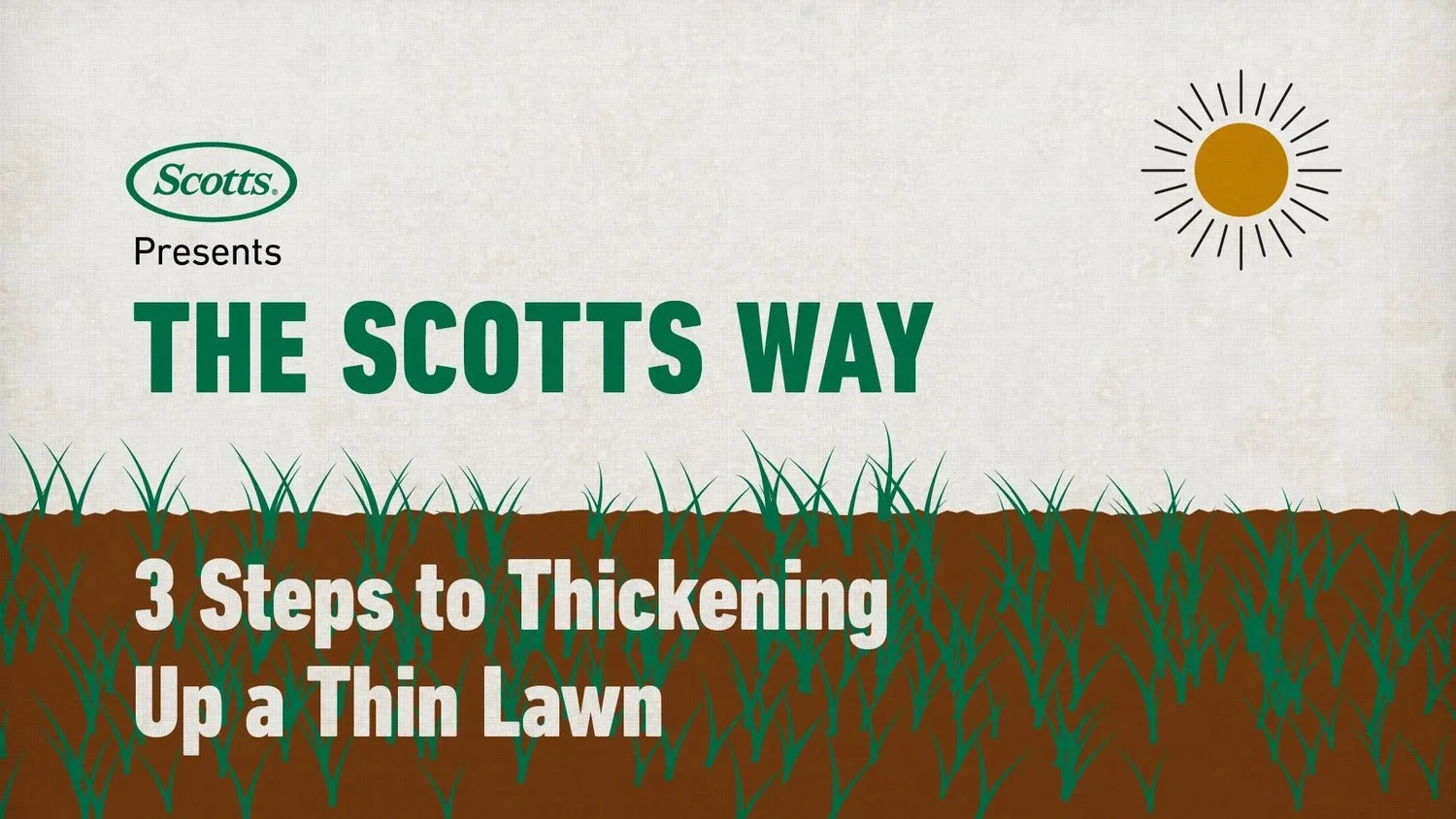 A graphic design image titled 'The Scotts Way.' It features a stylized depiction of ground with green grass blades, a sun in the top right corner, and text that reads '3 Steps to Thickening Up a Thin Lawn.' The Scotts logo is at the top left corner.