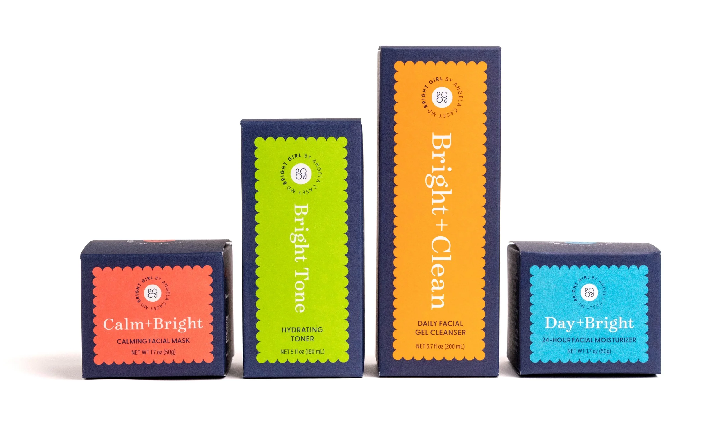 A collection of five skincare product boxes, each with colorful labels and different labels indicating their purpose, including calming facial mask, hydrating toner, daily gel cleanser, and facial moisturizer, arranged in a row against a white backgr