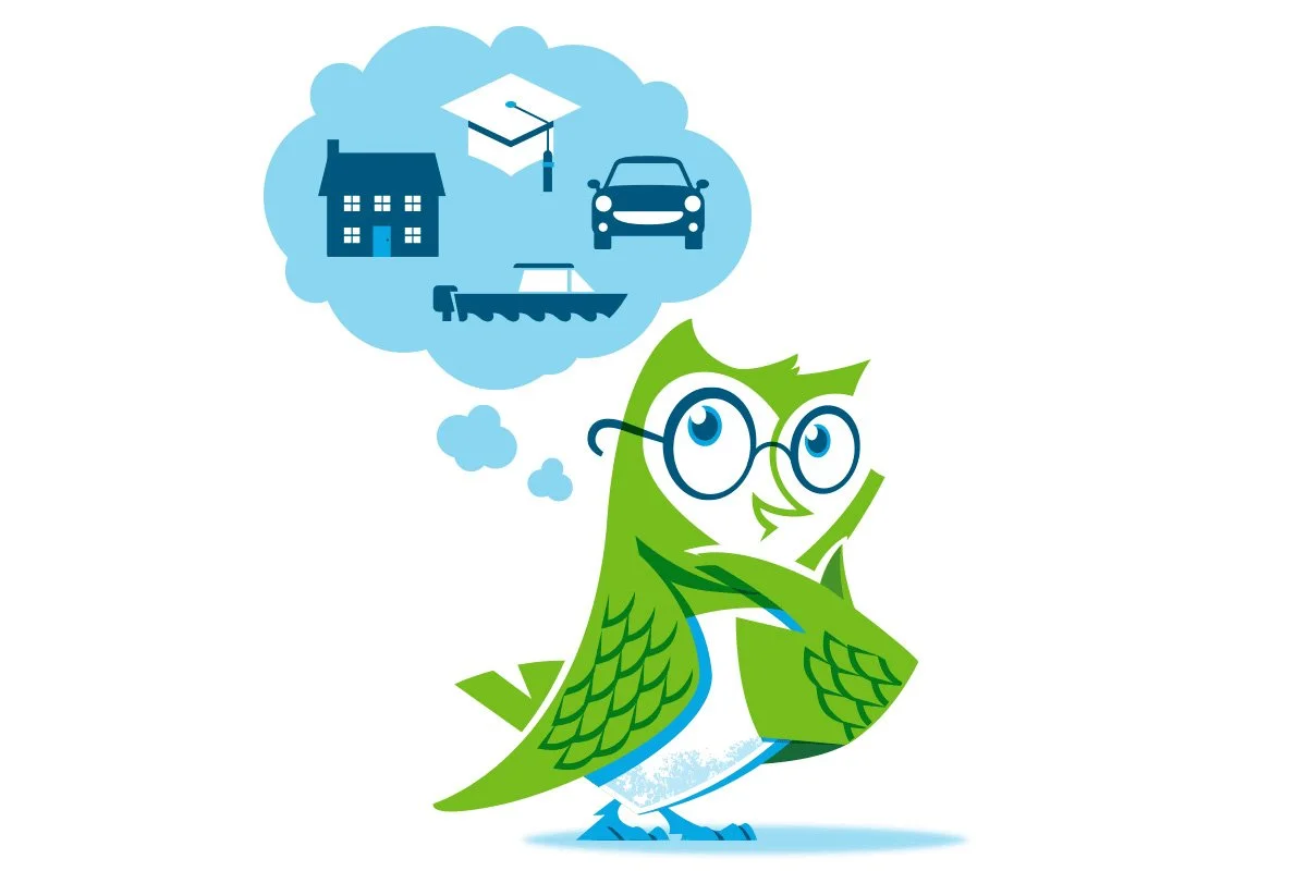 Cartoon owl with glasses thinking about a house, graduation cap, car, and boat.